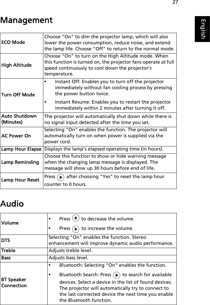 27EnglishManagementAudioECO ModeChoose &quot;On&quot; to dim the projector lamp, which will also lower the power consumption, reduce noise, and extend the lamp life. Choose &quot;Off&quot; to return to the normal mode.High AltitudeChoose &quot;On&quot; to turn on the High Altitude mode. When this function is turned on, the projector fans operate at full speed continuously to cool down the projector’s temperature.Turn Off Mode•Instant Off: Enables you to turn off the projector immediately without fan cooling process by pressing the power button twice.•Instant Resume: Enables you to restart the projector immediately within 2 minutes after turning it off.Auto Shutdown(Minutes)The projector will automatically shut down while there is no signal input detected after the time you set.AC Power OnSelecting &quot;On&quot; enables the function. The projector will automatically turn on when power is supplied via the power cord.Lamp Hour Elapse Displays the lamp’s elapsed operating time (in hours).Lamp RemindingChoose this function to show or hide warning message when the changing lamp message is displayed. The message will show up 30 hours before end of life.Lamp Hour Reset Press   after choosing &quot;Yes&quot; to reset the lamp hour counter to 0 hours.Volume •Press   to decrease the volume.•Press   to increase the volume.DTS Selecting &quot;On&quot; enables the function. Stereo enhancement will improve dynamic audio performance.Treble Adjusts treble level. Bass Adjusts bass level.BT Speaker Connection•Bluetooth: Selecting &quot;On&quot; enables the function.•Bluetooth Search: Press   to search for available devices. Select a device in the list of found devices. The projector will automatically try to connect to the last connected device the next time you enable the Bluetooth function.