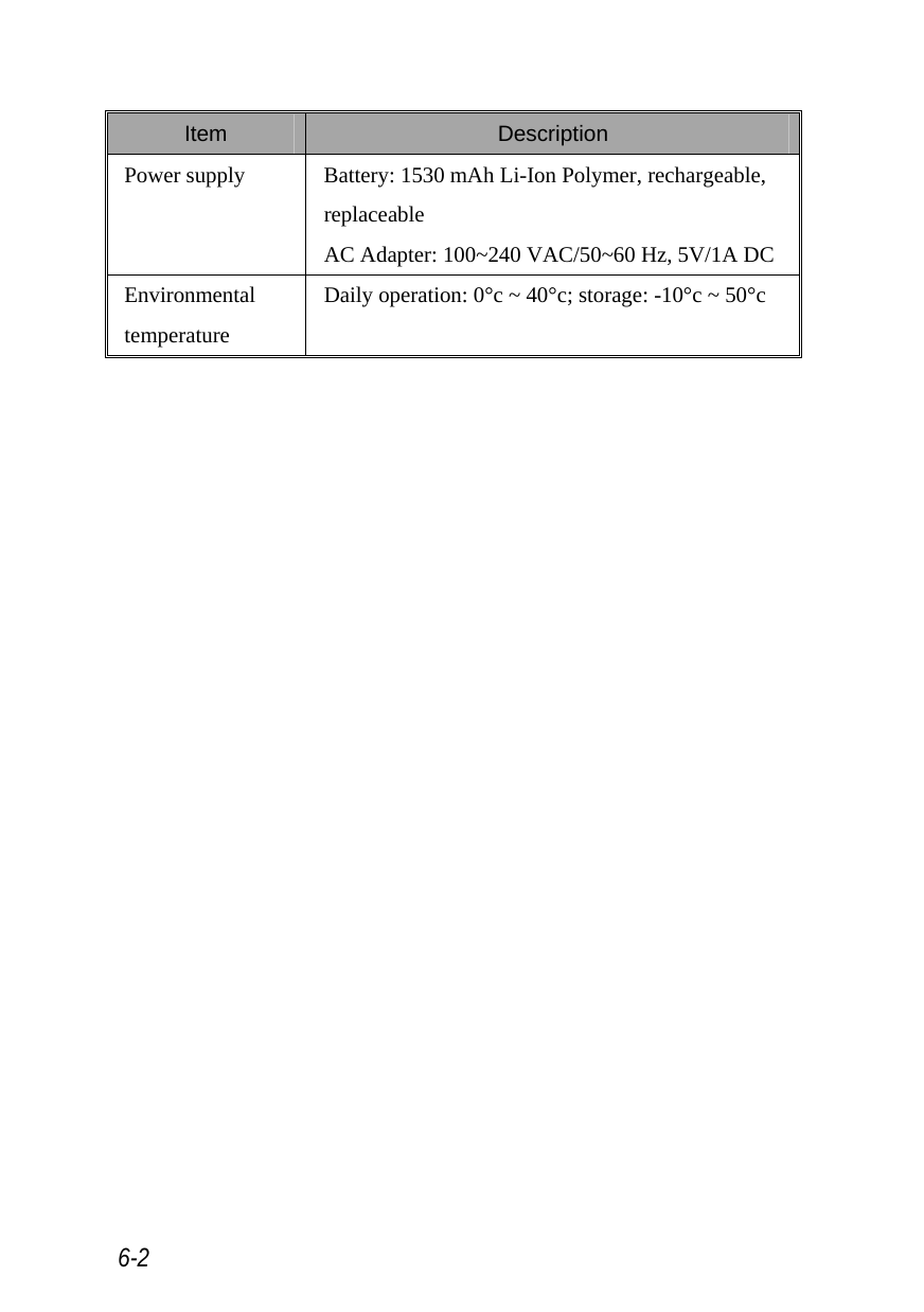  6-2  Item  Description Power supply  Battery: 1530 mAh Li-Ion Polymer, rechargeable, replaceable AC Adapter: 100~240 VAC/50~60 Hz, 5V/1A DC Environmental temperature Daily operation: 0°c ~ 40°c; storage: -10°c ~ 50°c   