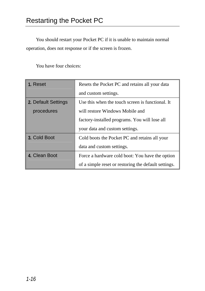  1-16 Restarting the Pocket PC  You should restart your Pocket PC if it is unable to maintain normal operation, does not response or if the screen is frozen.  You have four choices:  1. Reset  Resets the Pocket PC and retains all your data and custom settings. 2. Default Settings procedures Use this when the touch screen is functional. It will restore Windows Mobile and factory-installed programs. You will lose all your data and custom settings. 3. Cold Boot  Cold boots the Pocket PC and retains all your data and custom settings. 4. Clean Boot  Force a hardware cold boot: You have the option of a simple reset or restoring the default settings.  