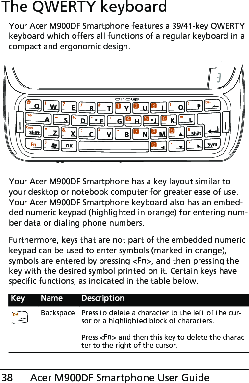 Acer M900DF Smartphone User Guide38The QWERTY keyboardYour Acer M900DF Smartphone features a 39/41-key QWERTY keyboard which offers all functions of a regular keyboard in a compact and ergonomic design. Your Acer M900DF Smartphone has a key layout similar to your desktop or notebook computer for greater ease of use. Your Acer M900DF Smartphone keyboard also has an embed-ded numeric keypad (highlighted in orange) for entering num-ber data or dialing phone numbers. Furthermore, keys that are not part of the embedded numeric keypad can be used to enter symbols (marked in orange), symbols are entered by pressing &lt;Fn&gt;, and then pressing the key with the desired symbol printed on it. Certain keys have specific functions, as indicated in the table below.  Key Name DescriptionBackspace Press to delete a character to the left of the cur-sor or a highlighted block of characters.Press &lt;Fn&gt; and then this key to delete the charac-ter to the right of the cursor.