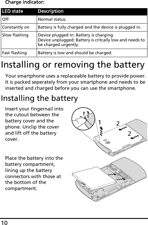 10Charge indicator:Installing or removing the batteryYour smartphone uses a replaceable battery to provide power. It is packed seperately from your smartphone and needs to be inserted and charged before you can use the smartphone.Installing the battery221Insert your fingernail into the cutout between the battery cover and the phone. Unclip the cover and lift off the battery cover.Place the battery into the battery compartment, lining up the battery connectors with those at the bottom of the compartment.LED state DescriptionOff Normal status.Constantly on Battery is fully charged and the device is plugged in.Slow flashing Device plugged in: Battery is charging.Device unplugged: Battery is critcally low and needs to be charged urgently.Fast flashing Battery is low and should be charged.