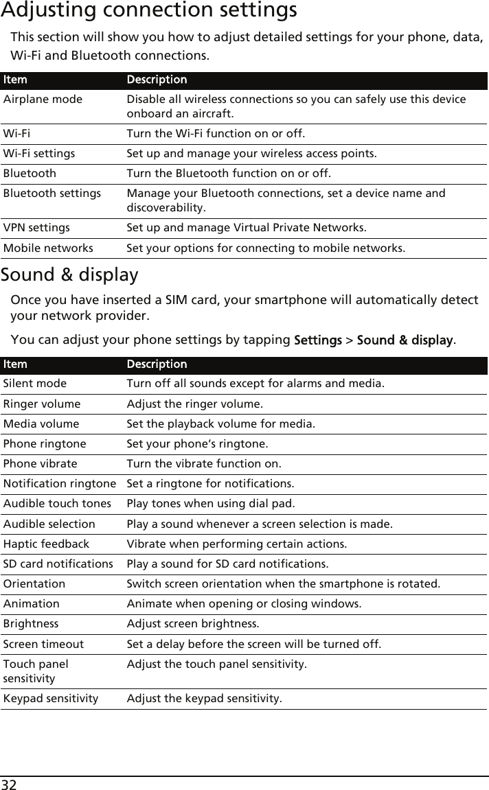 32Adjusting connection settingsThis section will show you how to adjust detailed settings for your phone, data, Wi-Fi and Bluetooth connections.Sound &amp; displayOnce you have inserted a SIM card, your smartphone will automatically detect your network provider.You can adjust your phone settings by tapping Settings &gt; Sound &amp; display.Item DescriptionAirplane mode Disable all wireless connections so you can safely use this device onboard an aircraft.Wi-Fi Turn the Wi-Fi function on or off.Wi-Fi settings Set up and manage your wireless access points.Bluetooth Turn the Bluetooth function on or off.Bluetooth settings Manage your Bluetooth connections, set a device name and discoverability.VPN settings Set up and manage Virtual Private Networks.Mobile networks Set your options for connecting to mobile networks.Item DescriptionSilent mode Turn off all sounds except for alarms and media.Ringer volume Adjust the ringer volume.Media volume Set the playback volume for media.Phone ringtone Set your phone’s ringtone.Phone vibrate Turn the vibrate function on.Notification ringtone Set a ringtone for notifications.Audible touch tones Play tones when using dial pad.Audible selection Play a sound whenever a screen selection is made.Haptic feedback Vibrate when performing certain actions.SD card notifications Play a sound for SD card notifications.Orientation Switch screen orientation when the smartphone is rotated.Animation Animate when opening or closing windows.Brightness Adjust screen brightness.Screen timeout Set a delay before the screen will be turned off.Touch panel sensitivityAdjust the touch panel sensitivity.Keypad sensitivity Adjust the keypad sensitivity.