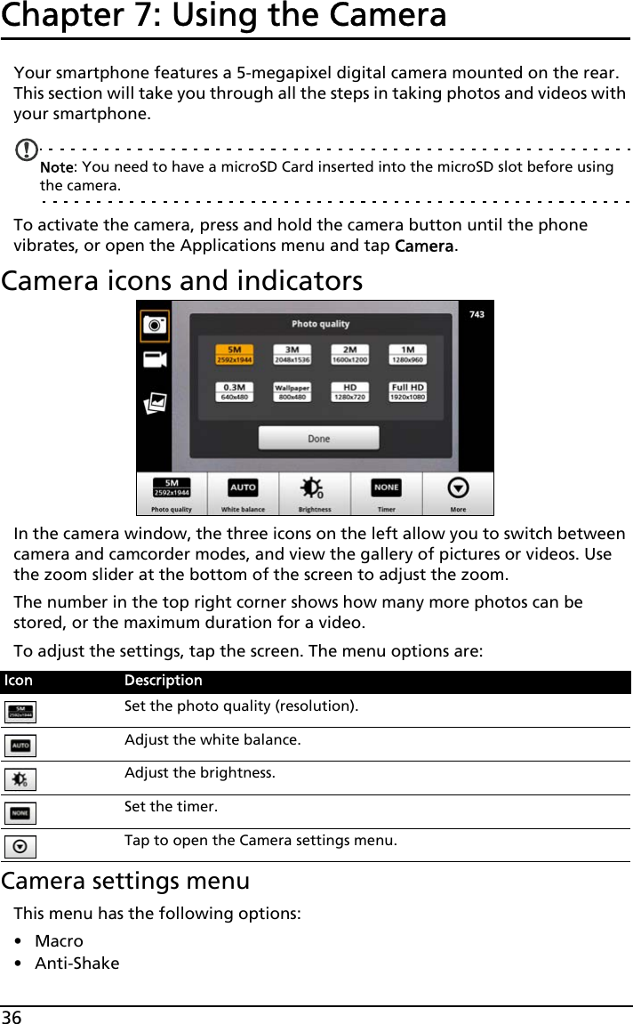 36Chapter 7: Using the CameraYour smartphone features a 5-megapixel digital camera mounted on the rear. This section will take you through all the steps in taking photos and videos with your smartphone.Note: You need to have a microSD Card inserted into the microSD slot before using the camera.To activate the camera, press and hold the camera button until the phone vibrates, or open the Applications menu and tap Camera.Camera icons and indicatorsIn the camera window, the three icons on the left allow you to switch between camera and camcorder modes, and view the gallery of pictures or videos. Use the zoom slider at the bottom of the screen to adjust the zoom. The number in the top right corner shows how many more photos can be stored, or the maximum duration for a video.To adjust the settings, tap the screen. The menu options are:Camera settings menuThis menu has the following options:•Macro• Anti-ShakeIcon DescriptionSet the photo quality (resolution).Adjust the white balance.Adjust the brightness.Set the timer.Tap to open the Camera settings menu.