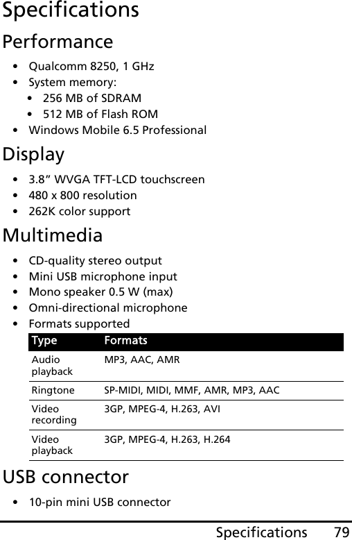 79SpecificationsSpecificationsPerformance• Qualcomm 8250, 1 GHz• System memory:• 256 MB of SDRAM• 512 MB of Flash ROM• Windows Mobile 6.5 ProfessionalDisplay• 3.8” WVGA TFT-LCD touchscreen• 480 x 800 resolution• 262K color supportMultimedia• CD-quality stereo output• Mini USB microphone input• Mono speaker 0.5 W (max)• Omni-directional microphone• Formats supportedUSB connector• 10-pin mini USB connectorType FormatsAudio playbackMP3, AAC, AMRRingtone SP-MIDI, MIDI, MMF, AMR, MP3, AACVideo recording3GP, MPEG-4, H.263, AVIVideo playback3GP, MPEG-4, H.263, H.264