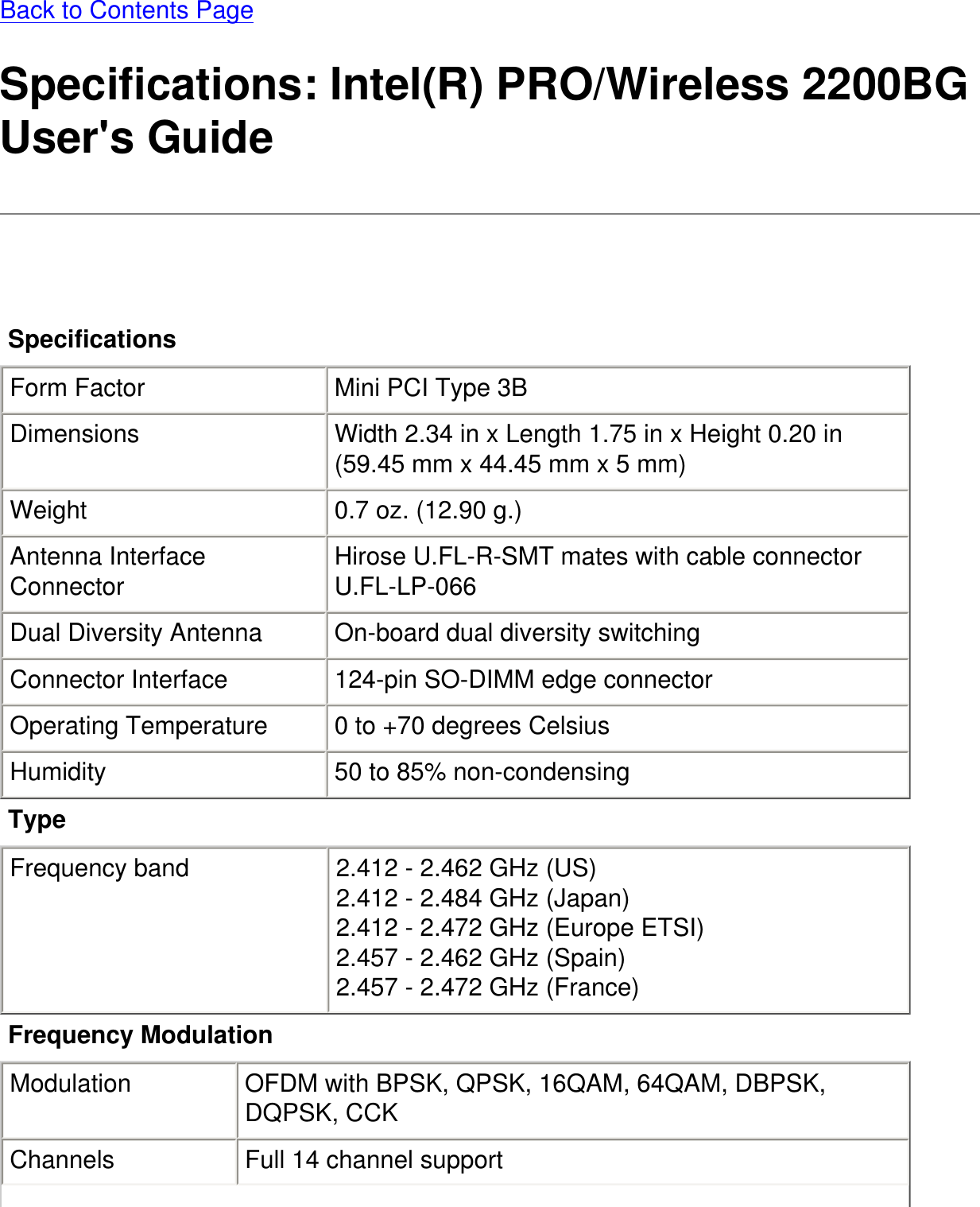 Back to Contents PageSpecifications: Intel(R) PRO/Wireless 2200BG User&apos;s Guide Specifications  Form Factor Mini PCI Type 3BDimensions Width 2.34 in x Length 1.75 in x Height 0.20 in (59.45 mm x 44.45 mm x 5 mm) Weight 0.7 oz. (12.90 g.) Antenna Interface Connector Hirose U.FL-R-SMT mates with cable connector U.FL-LP-066 Dual Diversity Antenna On-board dual diversity switching Connector Interface 124-pin SO-DIMM edge connector Operating Temperature 0 to +70 degrees Celsius Humidity 50 to 85% non-condensingType   Frequency band 2.412 - 2.462 GHz (US)2.412 - 2.484 GHz (Japan)2.412 - 2.472 GHz (Europe ETSI)2.457 - 2.462 GHz (Spain)2.457 - 2.472 GHz (France)Frequency Modulation   Modulation OFDM with BPSK, QPSK, 16QAM, 64QAM, DBPSK, DQPSK, CCKChannels Full 14 channel support