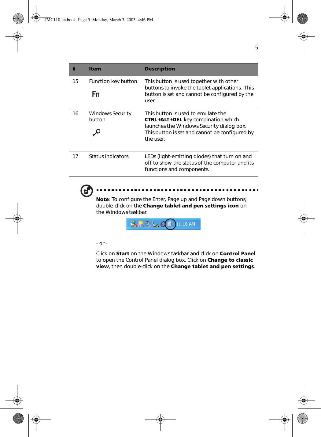 5Note: To configure the Enter, Page up and Page down buttons, double-click on the Change tablet and pen settings icon on the Windows taskbar.   - or -Click on Start on the Windows taskbar and click on Control Panel to open the Control Panel dialog box. Click on Change to classic view, then double-click on the Change tablet and pen settings. 15 Function key button This button is used together with other buttons to invoke the tablet applications.  This button is set and cannot be configured by the user. 16 Windows Security button This button is used to emulate the CTRL+ALT+DEL key combination which launches the Windows Security dialog box.  This button is set and cannot be configured by the user. 17 Status indicators LEDs (light-emitting diodes) that turn on and off to show the status of the computer and its functions and components.# Item DescriptionTMC110-en.book  Page 5  Monday, March 3, 2003  4:46 PM