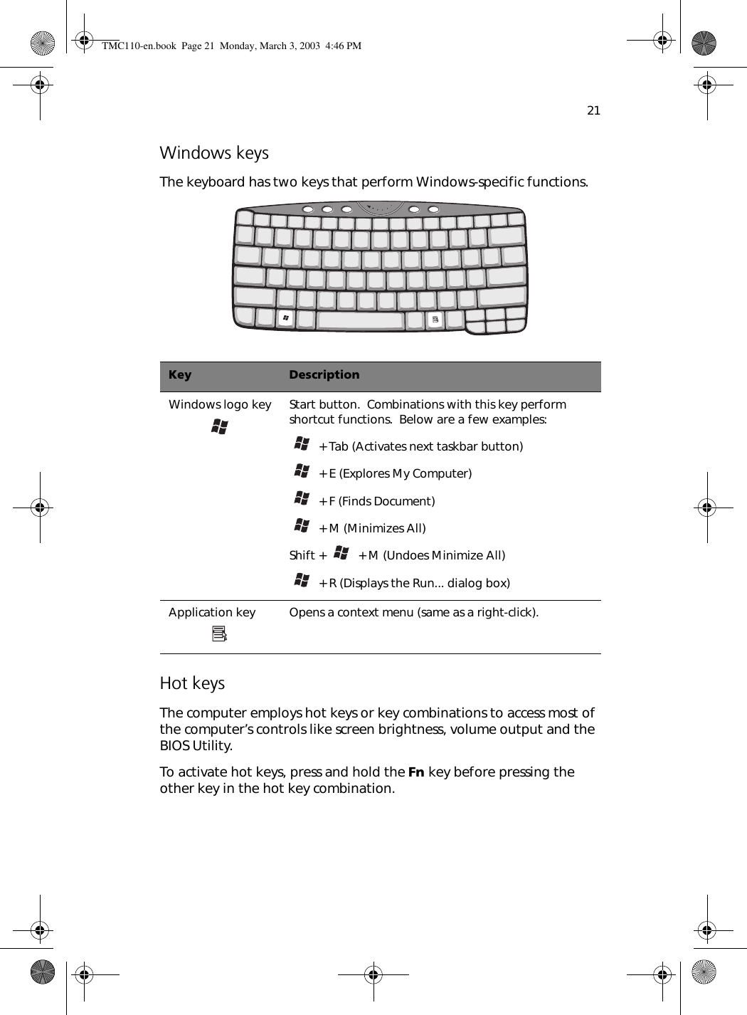 21Windows keysThe keyboard has two keys that perform Windows-specific functions.   Hot keysThe computer employs hot keys or key combinations to access most of the computer’s controls like screen brightness, volume output and the BIOS Utility.To activate hot keys, press and hold the Fn key before pressing the other key in the hot key combination.   Key DescriptionWindows logo key Start button.  Combinations with this key perform shortcut functions.  Below are a few examples: + Tab (Activates next taskbar button) + E (Explores My Computer) + F (Finds Document) + M (Minimizes All)Shift +   + M (Undoes Minimize All) + R (Displays the Run... dialog box)Application key Opens a context menu (same as a right-click).TMC110-en.book  Page 21  Monday, March 3, 2003  4:46 PM