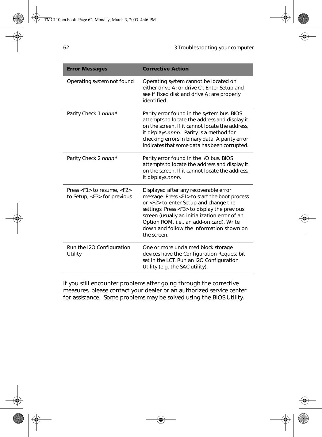  3 Troubleshooting your computer62If you still encounter problems after going through the corrective measures, please contact your dealer or an authorized service center for assistance.  Some problems may be solved using the BIOS Utility.  Operating system not found  Operating system cannot be located on either drive A: or drive C:. Enter Setup and see if fixed disk and drive A: are properly identified. Parity Check 1 nnnn* Parity error found in the system bus. BIOS attempts to locate the address and display it on the screen. If it cannot locate the address, it displays nnnn.  Parity is a method for checking errors in binary data. A parity error indicates that some data has been corrupted. Parity Check 2 nnnn* Parity error found in the I/O bus. BIOS attempts to locate the address and display it on the screen. If it cannot locate the address, it displays nnnn.Press &lt;F1&gt; to resume, &lt;F2&gt; to Setup, &lt;F3&gt; for previous  Displayed after any recoverable error message. Press &lt;F1&gt; to start the boot process or &lt;F2&gt; to enter Setup and change the settings. Press &lt;F3&gt; to display the previous screen (usually an initialization error of an Option ROM, i.e., an add-on card). Write down and follow the information shown on the screen.  Run the I2O Configuration Utility One or more unclaimed block storage devices have the Configuration Request bit set in the LCT. Run an I2O Configuration Utility (e.g. the SAC utility).Error Messages Corrective ActionTMC110-en.book  Page 62  Monday, March 3, 2003  4:46 PM