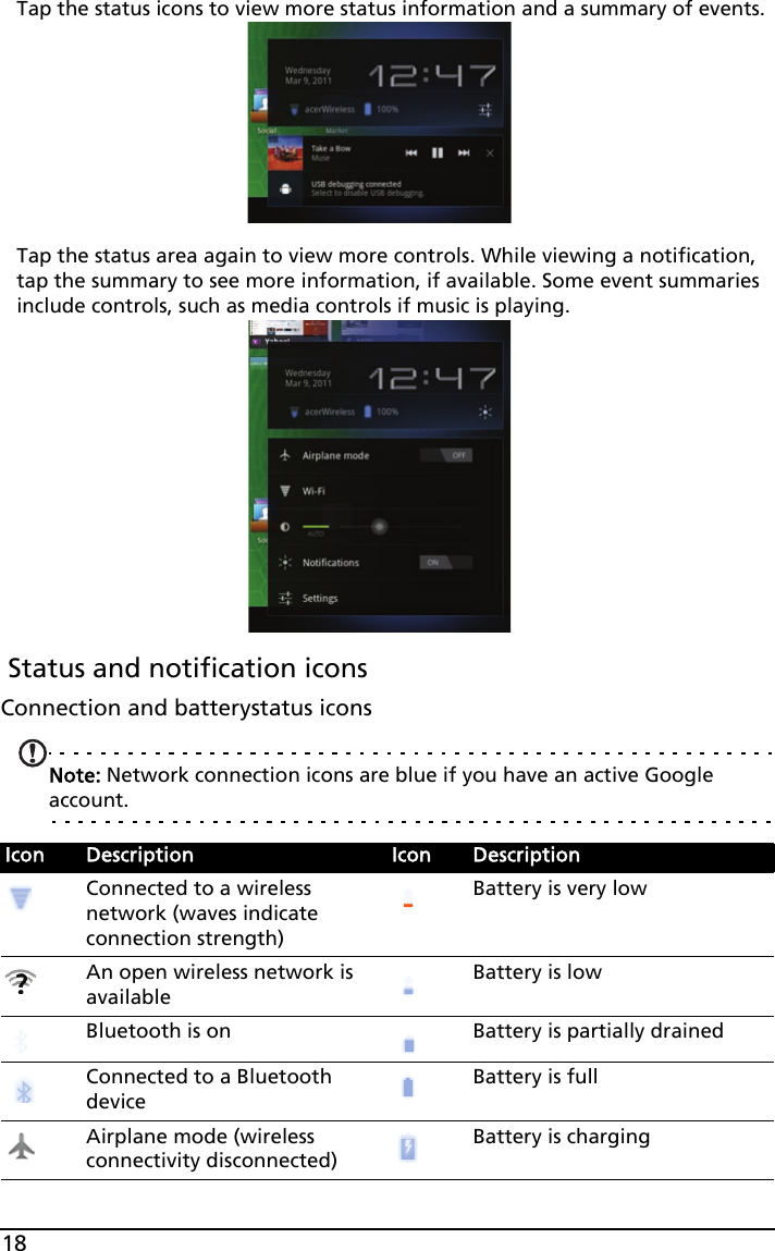 18Tap the status icons to view more status information and a summary of events.Tap the status area again to view more controls. While viewing a notification, tap the summary to see more information, if available. Some event summaries include controls, such as media controls if music is playing. Status and notification iconsConnection and batterystatus iconsNote: Network connection icons are blue if you have an active Google account.Icon Description Icon DescriptionConnected to a wireless network (waves indicate connection strength)Battery is very lowAn open wireless network is availableBattery is lowBluetooth is on Battery is partially drainedConnected to a Bluetooth deviceBattery is fullAirplane mode (wireless connectivity disconnected)Battery is charging