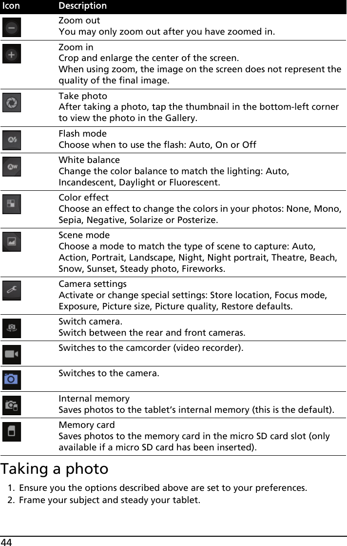 44Taking a photo1. Ensure you the options described above are set to your preferences.2. Frame your subject and steady your tablet.Icon DescriptionZoom out You may only zoom out after you have zoomed in.Zoom in Crop and enlarge the center of the screen.  When using zoom, the image on the screen does not represent the quality of the final image.Take photo After taking a photo, tap the thumbnail in the bottom-left corner to view the photo in the Gallery.Flash mode Choose when to use the flash: Auto, On or OffWhite balance Change the color balance to match the lighting: Auto, Incandescent, Daylight or Fluorescent.Color effect Choose an effect to change the colors in your photos: None, Mono, Sepia, Negative, Solarize or Posterize.Scene mode Choose a mode to match the type of scene to capture: Auto, Action, Portrait, Landscape, Night, Night portrait, Theatre, Beach, Snow, Sunset, Steady photo, Fireworks.Camera settings Activate or change special settings: Store location, Focus mode, Exposure, Picture size, Picture quality, Restore defaults.Switch camera.  Switch between the rear and front cameras.Switches to the camcorder (video recorder).Switches to the camera.Internal memory Saves photos to the tablet’s internal memory (this is the default).Memory card Saves photos to the memory card in the micro SD card slot (only available if a micro SD card has been inserted).