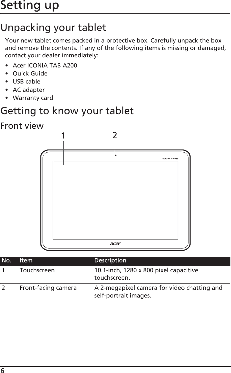 6Setting upUnpacking your tabletYour new tablet comes packed in a protective box. Carefully unpack the box and remove the contents. If any of the following items is missing or damaged, contact your dealer immediately:• Acer ICONIA TAB A200• Quick Guide• USB cable• AC adapter• Warranty cardGetting to know your tabletFront12 viewNNo. Item Description1 Touchscreen 10.1-inch, 1280 x 800 pixel capacitive touchscreen.2 Front-facing camera A 2-megapixel camera for video chatting and self-portrait images.