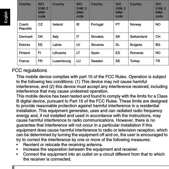 8EnglishFCC regulationsThis mobile device complies with part 15 of the FCC Rules. Operation is subject to the following two conditions: (1) This device may not cause harmful interference, and (2) this device must accept any interference received, including interference that may cause undesired operation.This mobile device has been tested and found to comply with the limits for a Class B digital device, pursuant to Part 15 of the FCC Rules. These limits are designed to provide reasonable protection against harmful interference in a residential installation. This equipment generates, uses and can radiated radio frequency energy and, if not installed and used in accordance with the instructions, may cause harmful interference to radio communications. However, there is no guarantee that interference will not occur in a particular installation If this equipment does cause harmful interference to radio or television reception, which can be determined by turning the equipment off and on, the user is encouraged to try to correct the interference by one or more of the following measures:• Reorient or relocate the receiving antenna.• Increase the separation between the equipment and receiver.• Connect the equipment into an outlet on a circuit different from that to which the receiver is connected.Czech RepublicCZ Ireland IE Portugal PT Norway NODenmark DK Italy IT Slovakia SK Switzerland CHEstonia EE Latvia LV Slovenia SL Bulgaria BGFinland FI Lithuania LT Spain ES Romania ROFrance FR Luxembourg LU Sweden SE Turkey TRCountry ISO 3166 2 letter codeCountry ISO 3166 2 letter codeCountry ISO 3166 2 letter codeCountry ISO 3166 2 letter code