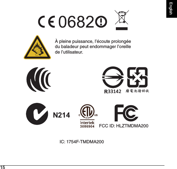 15EnglishN214À pleine puissance, l’écoute prolongée du baladeur peut endommager l’oreille de l’utilisateur.FCC ID: HLZTMDMA200IC: 1754F-TMDMA2003314233142