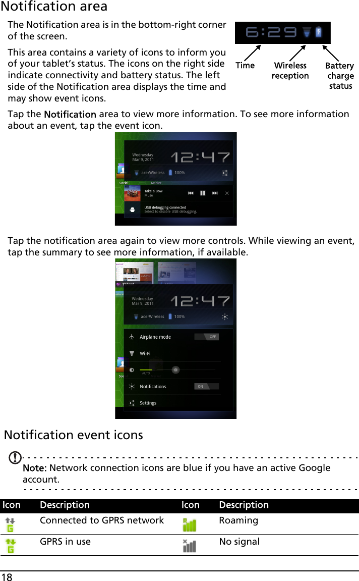 18Notification areaThe Notification area is in the bottom-right corner of the screen. Time Wireless Battery chargereceptionstatusThis area contains a variety of icons to inform you of your tablet’s status. The icons on the right side indicate connectivity and battery status. The left side of the Notification area displays the time and may show event icons. Tap the Notification area to view more information. To see more information about an event, tap the event icon.Tap the notification area again to view more controls. While viewing an event, tap the summary to see more information, if available.  Notification event iconsNote: Network connection icons are blue if you have an active Google account.Icon Description Icon DescriptionConnected to GPRS network RoamingGPRS in use No signal