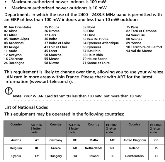 • Maximum authorized power indoors is 100 mW• Maximum authorized power outdoors is 10 mWDepartments in which the use of the 2400 - 2483.5 MHz band is permitted with an EIRP of less than 100 mW indoors and less than 10 mW outdoors:This requirement is likely to change over time, allowing you to use your wireless LAN card in more areas within France. Please check with ART for the latest information (www.art-telecom.fr).Note: Your WLAN Card transmitts less than 100 mW, but more than 10 mW.List of National CodesThis equipment may be operated in the following countries:01 Ain Orientales02 Aisne03 Allier05 Hautes Alpes08 Ardennes09 Ariege11 Aude12 Aveyron16 Charente24 Dordogne25 Doubs26 Drome32 Gers36 Indre37 Indre et Loire41 Loir et Cher45 Loret50 Manche55 Meuse58 Nievre59 Nord60 Oise61 Orne63 Puy Du Dome64 Pyrenees Atlantique66 Pyrenees67 Bas Rhin68 Haut Rhin70 Haute Saone71 Saone et Loire75 Paris82 Tarn et Garonne84 Vaucluse88 Vosges89 Yonne90 Territoire de Belfort94 Val de MarneCountry ISO 3166 2 letter codeCountry ISO 3166 2 letter codeCountry ISO 3166 2 letter codeCountry ISO 3166 2 letter codeAustria AT Germany DE Malta MT United Kingdom GBBelgium BE Greece GR Netherlands NT Iceland ISCyprus CY Hungary HU Poland PL Liechtenstein LI
