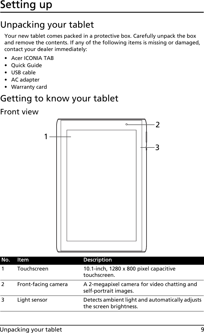 9Unpacking your tabletSetting upUnpacking your tabletYour new tablet comes packed in a protective box. Carefully unpack the box and remove the contents. If any of the following items is missing or damaged, contact your dealer immediately:•Acer ICONIA TAB• Quick Guide• USB cable• AC adapter• Warranty cardGetting to know your tabletFront123 viewNo. Item Description1 Touchscreen 10.1-inch, 1280 x 800 pixel capacitive touchscreen.2 Front-facing camera A 2-megapixel camera for video chatting and self-portrait images.3 Light sensor Detects ambient light and automatically adjusts the screen brightness.