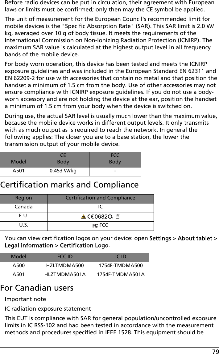 79Before radio devices can be put in circulation, their agreement with European laws or limits must be confirmed; only then may the CE symbol be applied.The unit of measurement for the European Council&apos;s recommended limit for mobile devices is the &quot;Specific Absorption Rate&quot; (SAR). This SAR limit is 2.0 W/kg, averaged over 10 g of body tissue. It meets the requirements of the International Commission on Non-Ionizing Radiation Protection (ICNIRP). The maximum SAR value is calculated at the highest output level in all frequency bands of the mobile device.For body worn operation, this device has been tested and meets the ICNIRP exposure guidelines and was included in the European Standard EN 62311 and EN 62209-2 for use with accessories that contain no metal and that position the handset a minimum of 1.5 cm from the body. Use of other accessories may not ensure compliance with ICNIRP exposure guidelines. If you do not use a body-worn accessory and are not holding the device at the ear, position the handset a minimum of 1.5 cm from your body when the device is switched on. During use, the actual SAR level is usually much lower than the maximum value, because the mobile device works in different output levels. It only transmits with as much output as is required to reach the network. In general the following applies: The closer you are to a base station, the lower the transmission output of your mobile device.ModelCEBodyFCCBodyA501 0.453 W/kg -Certification marks and ComplianceRegion Certification and ComplianceCanada ICE.U.  , U.S.  FCCYou can view certification logos on your device: open Settings &gt; About tablet &gt; Legal information &gt; Certification Logo.Model FCC ID IC IDA500 HZLTMDMA500 1754F-TMDMA500A501 HLZTMDMA501A 1754F-TMDMA501AFor Canadian usersImportant noteIC radiation exposure statementThis EUT is compliance with SAR for general population/uncontrolled exposure limits in IC RSS-102 and had been tested in accordance with the measurement methods and procedures specified in IEEE 1528. This equipment should be 