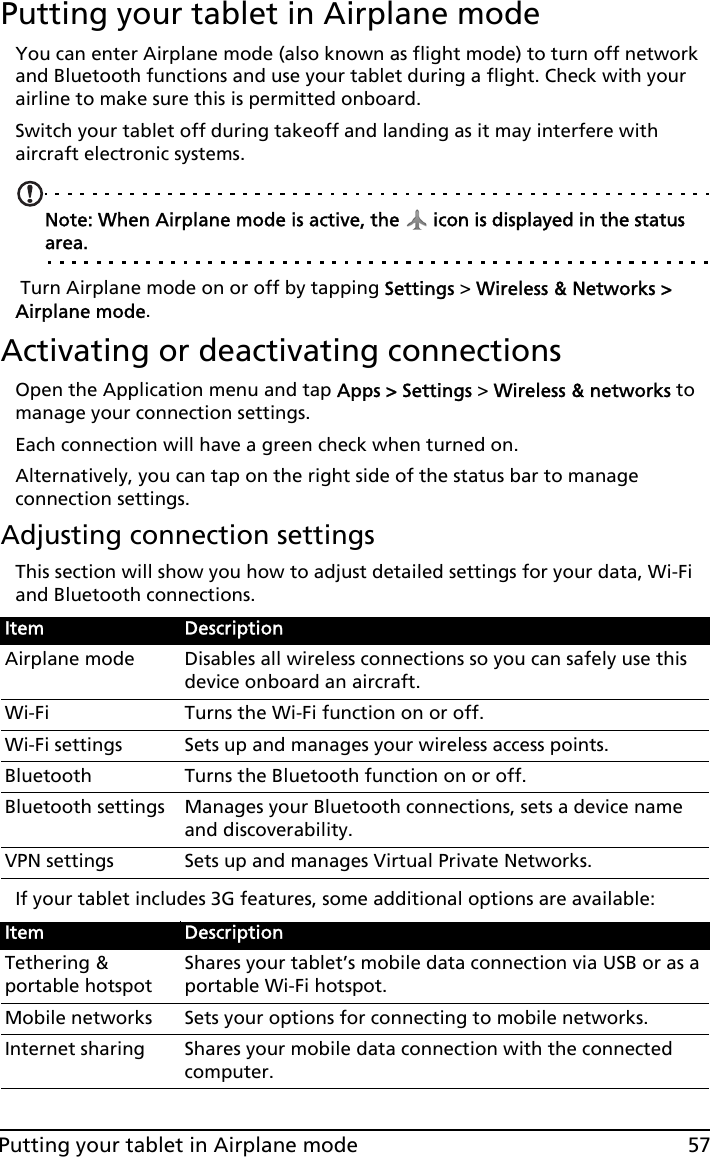57Putting your tablet in Airplane modePutting your tablet in Airplane modeYou can enter Airplane mode (also known as flight mode) to turn off network and Bluetooth functions and use your tablet during a flight. Check with your airline to make sure this is permitted onboard.Switch your tablet off during takeoff and landing as it may interfere with aircraft electronic systems.Note: When Airplane mode is active, the   icon is displayed in the status area. Turn Airplane mode on or off by tapping Settings &gt; Wireless &amp; Networks &gt; Airplane mode.Activating or deactivating connectionsOpen the Application menu and tap Apps &gt; Settings &gt; Wireless &amp; networks to manage your connection settings.Each connection will have a green check when turned on.Alternatively, you can tap on the right side of the status bar to manage connection settings.Adjusting connection settingsThis section will show you how to adjust detailed settings for your data, Wi-Fi and Bluetooth connections.If your tablet includes 3G features, some additional options are available:Item DescriptionAirplane mode Disables all wireless connections so you can safely use this device onboard an aircraft.Wi-Fi Turns the Wi-Fi function on or off.Wi-Fi settings Sets up and manages your wireless access points.Bluetooth Turns the Bluetooth function on or off.Bluetooth settings Manages your Bluetooth connections, sets a device name and discoverability.VPN settings Sets up and manages Virtual Private Networks.Item DescriptionTethering &amp; portable hotspotShares your tablet’s mobile data connection via USB or as a portable Wi-Fi hotspot.Mobile networks Sets your options for connecting to mobile networks.Internet sharing Shares your mobile data connection with the connected computer.