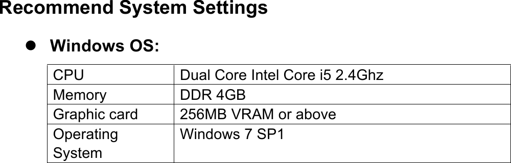 Recommend System Settings ! Windows OS: CPU Dual Core Intel Core i5 2.4Ghz Memory DDR 4GB Graphic card 256MB VRAM or above Operating System Windows 7 SP1  