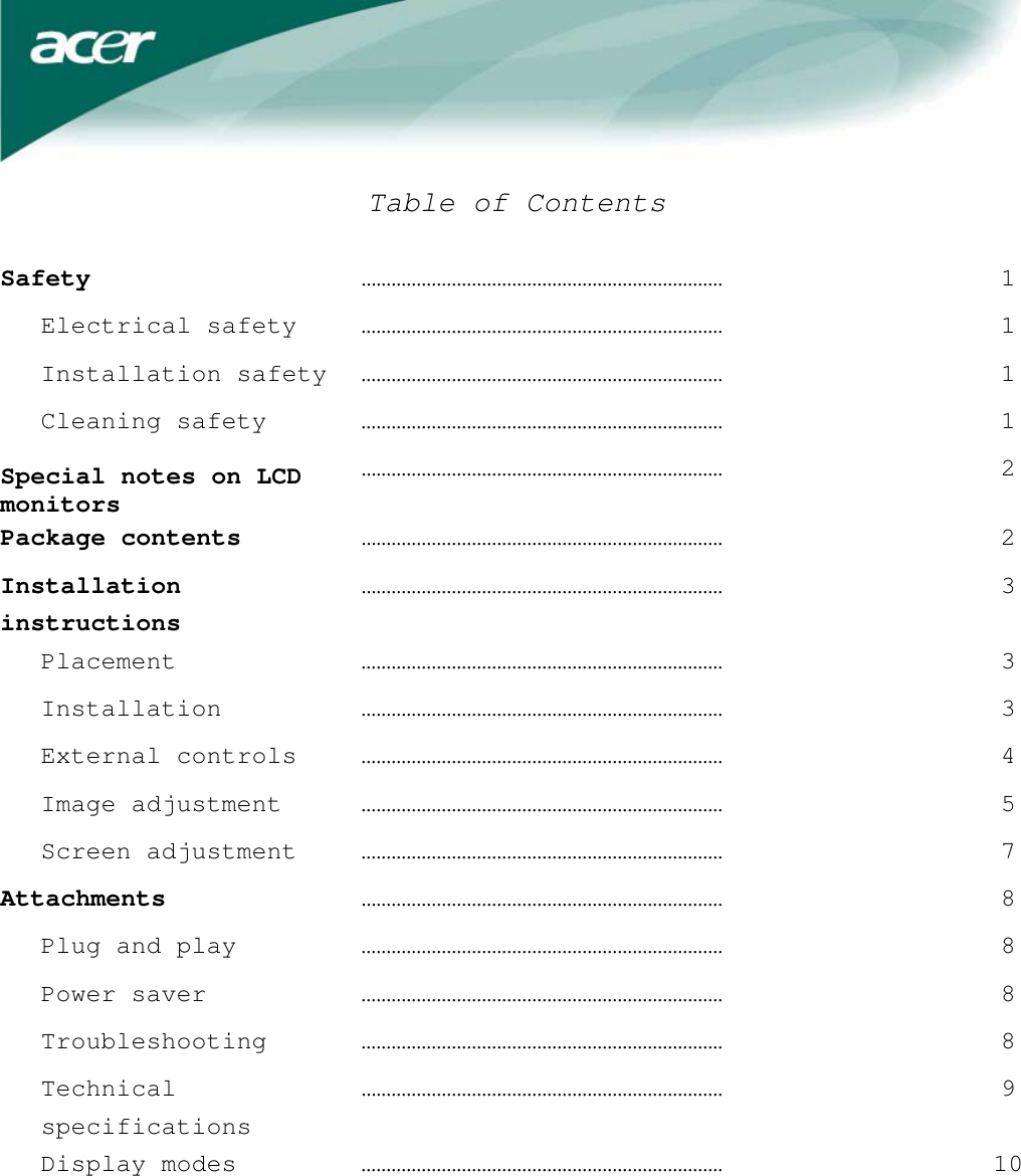 Page 1 of 11 - Acer Acer-Al2216W-Users-Manual- AL2017 English User's Guide Acer-al2216w-users-manual