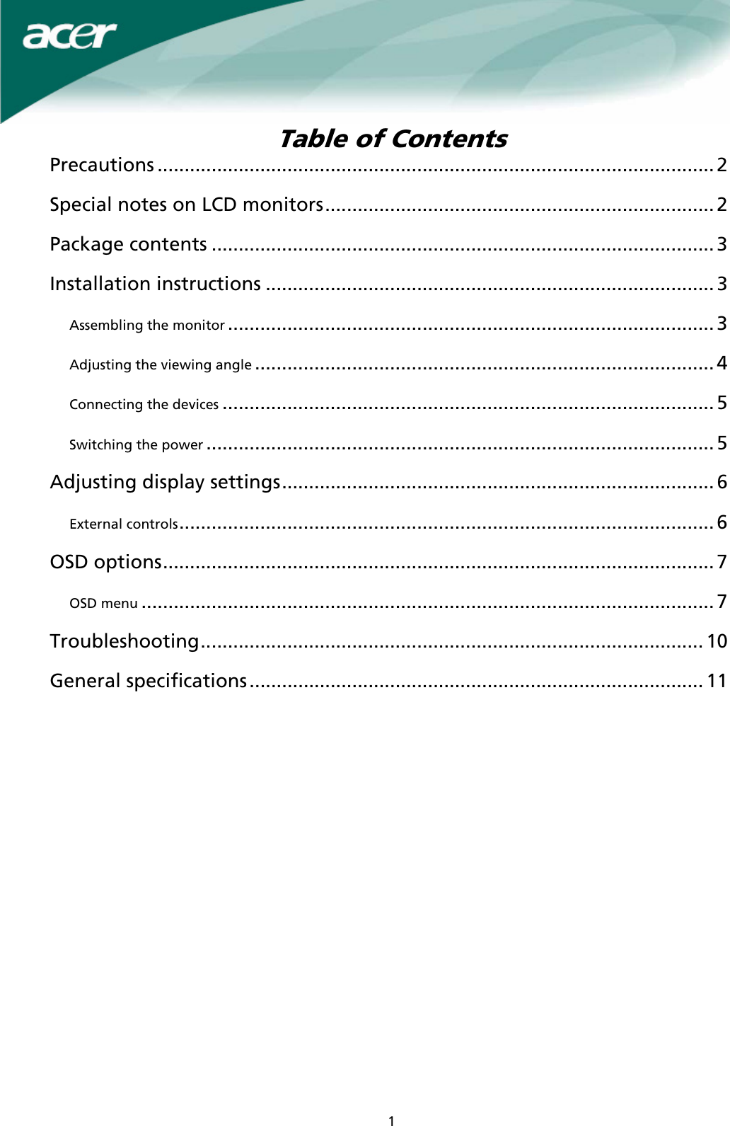 Page 1 of 11 - Acer Acer-X191W-Users-Manual X191W User_enu