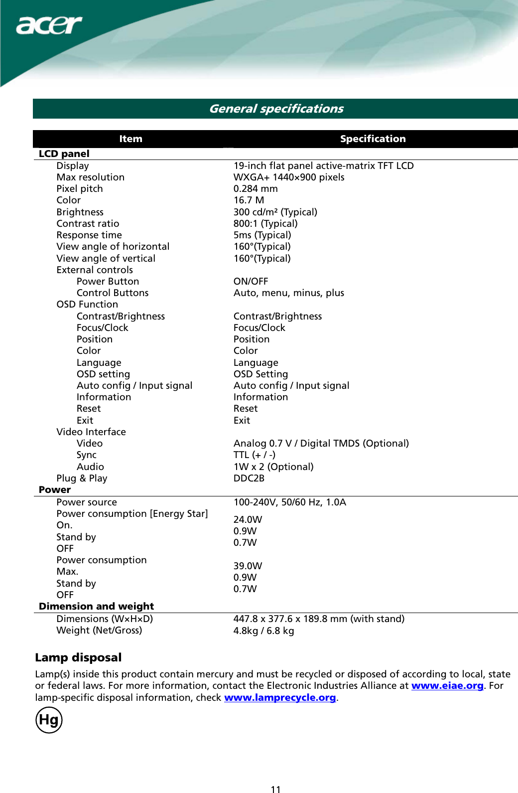 Page 11 of 11 - Acer Acer-X191W-Users-Manual X191W User_enu