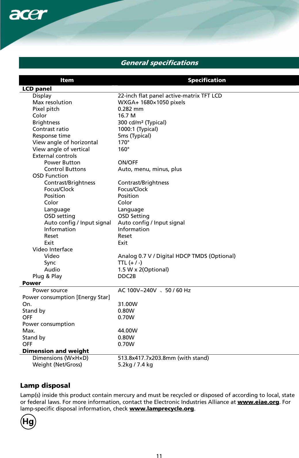 Page 11 of 11 - Acer Acer-X221W-Users-Manual X221W User_enu