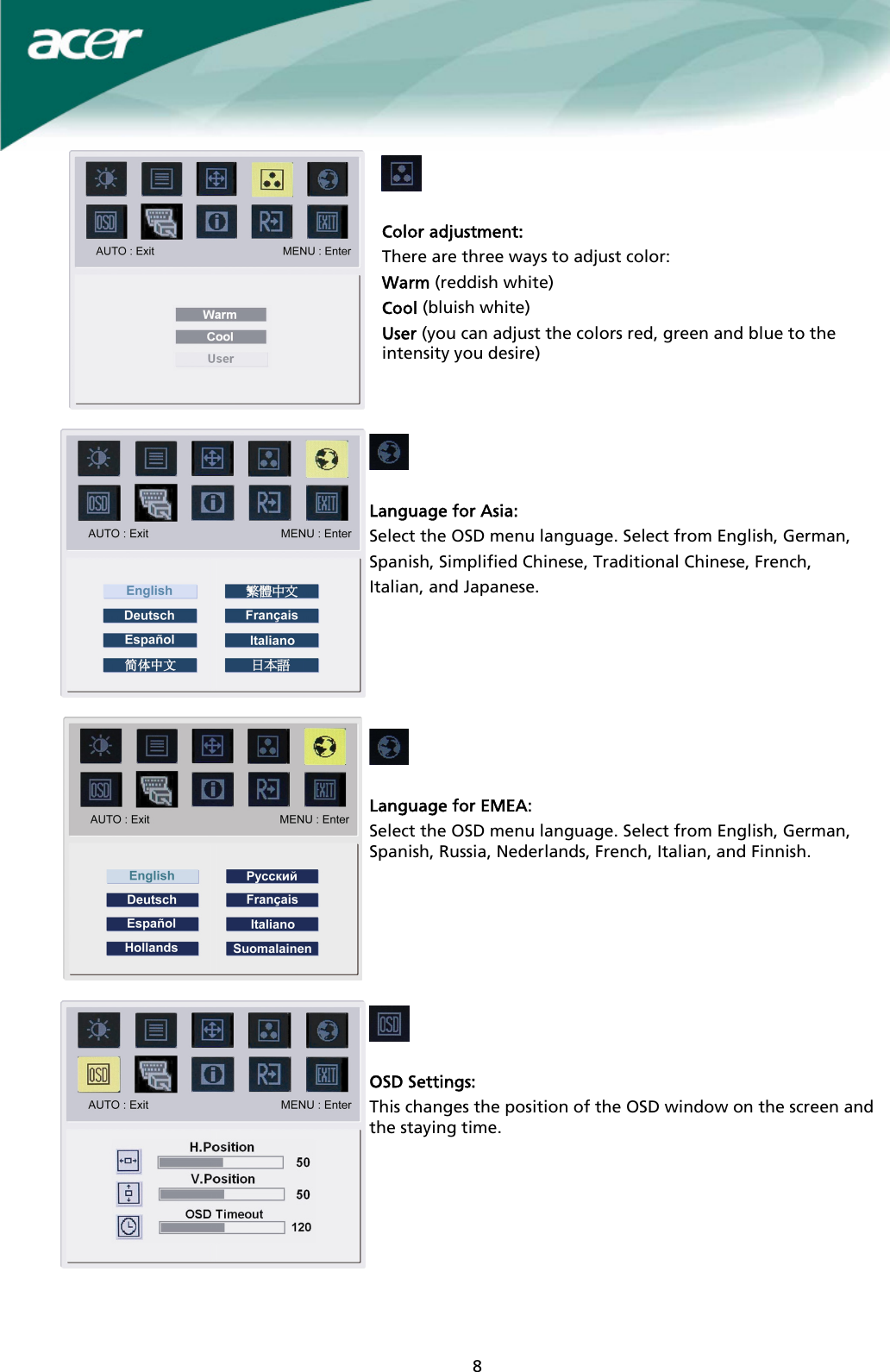 Page 8 of 11 - Acer Acer-X221W-Users-Manual X221W User_enu