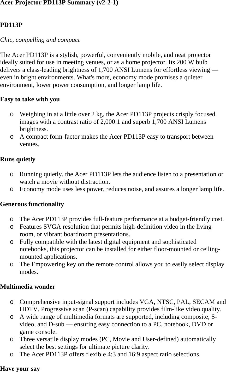 Page 1 of 3 - Acer PD113P - _spec_ User Manual  To The 134fe339-bf75-4728-a2c4-abd95506a036