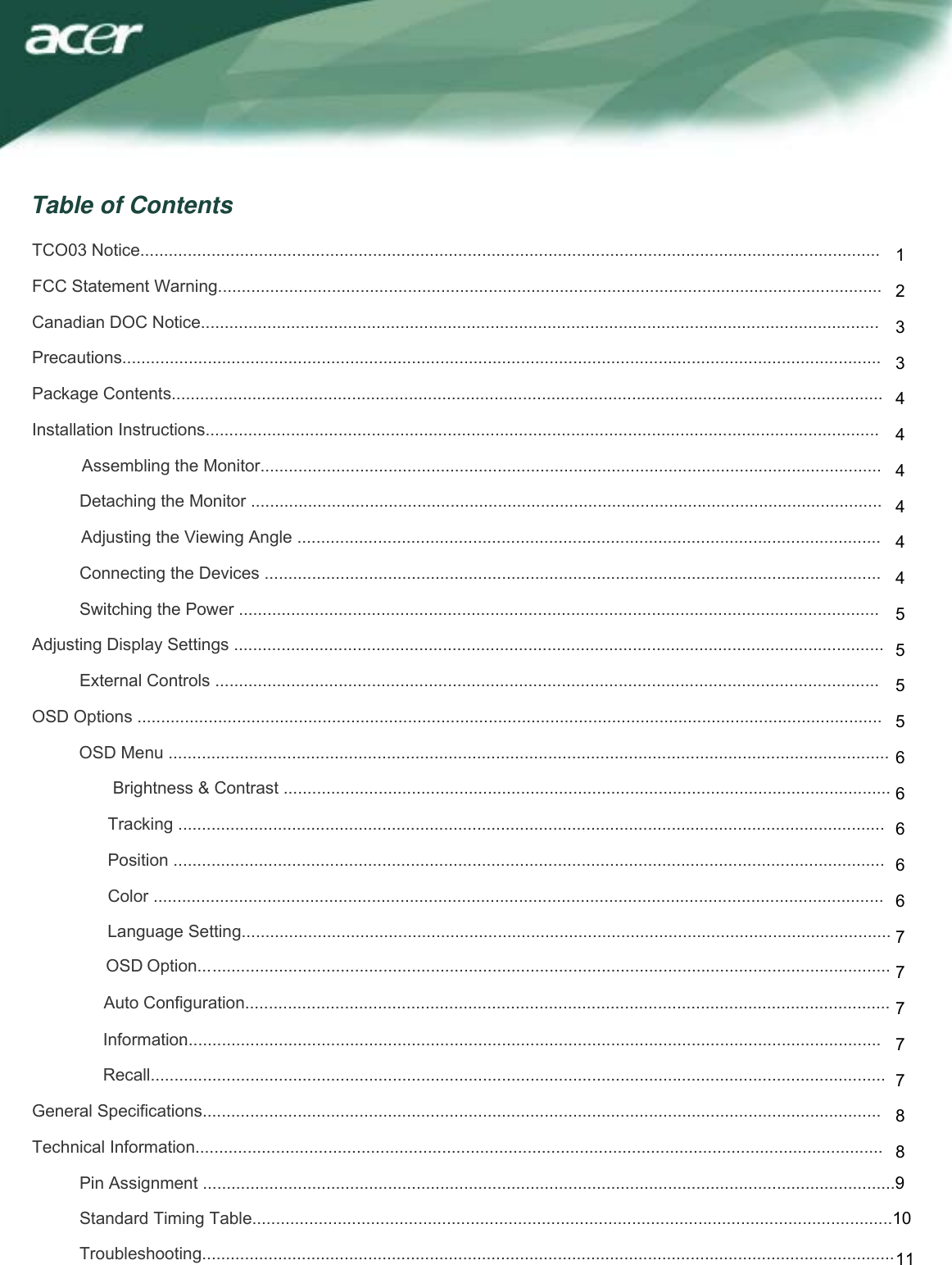 Page 1 of 12 - Acer TCO03 AL1917W Monitor User Guide Manual Operating Instructions  To The Dbc6b864-708d-4adf-82ac-1cab2102b081