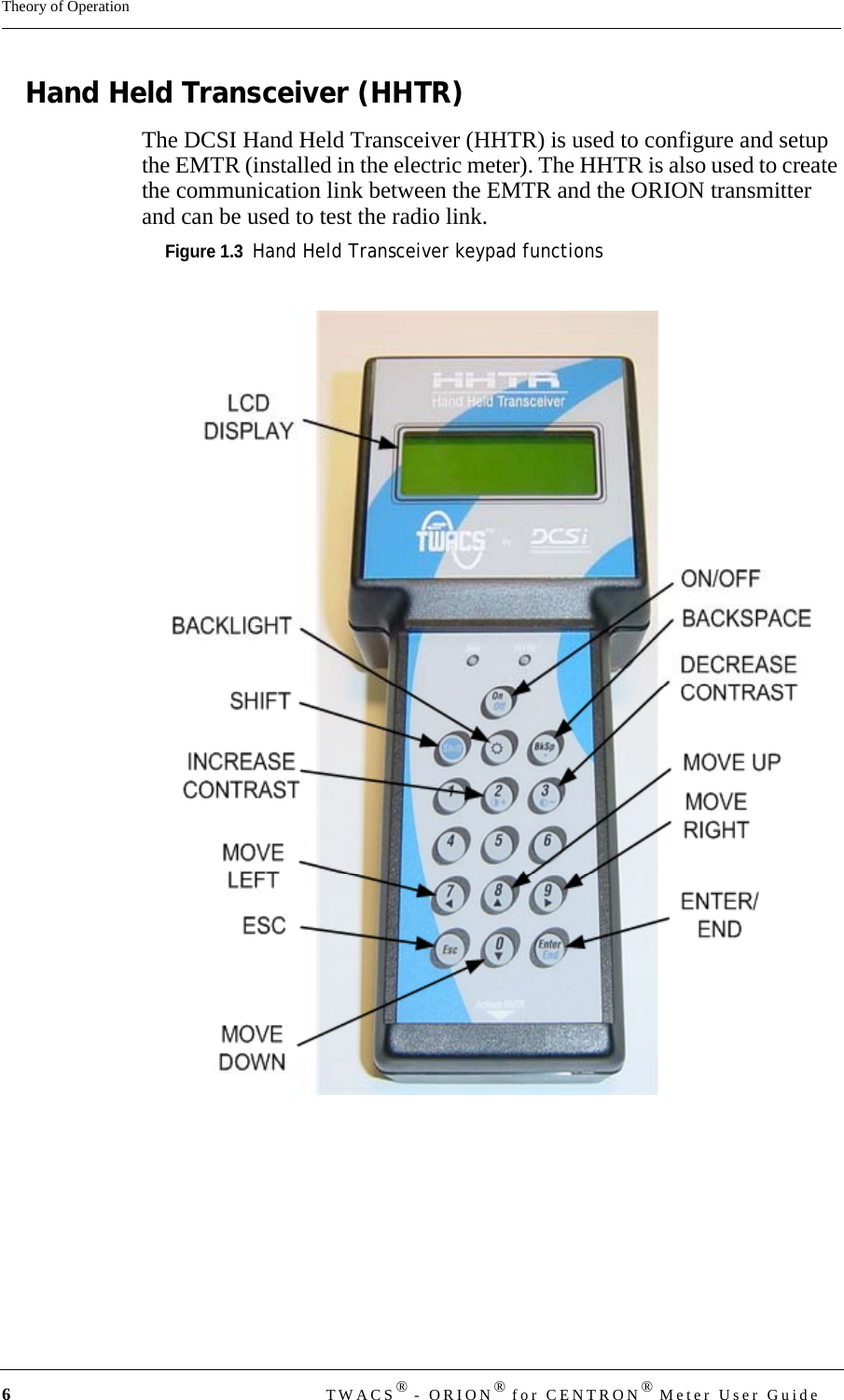 6TWACS® - ORION® for CENTRON® Meter User GuideTheory of OperationHand Held Transceiver (HHTR)The DCSI Hand Held Transceiver (HHTR) is used to configure and setup the EMTR (installed in the electric meter). The HHTR is also used to create the communication link between the EMTR and the ORION transmitter and can be used to test the radio link. Figure 1.3  Hand Held Transceiver keypad functions