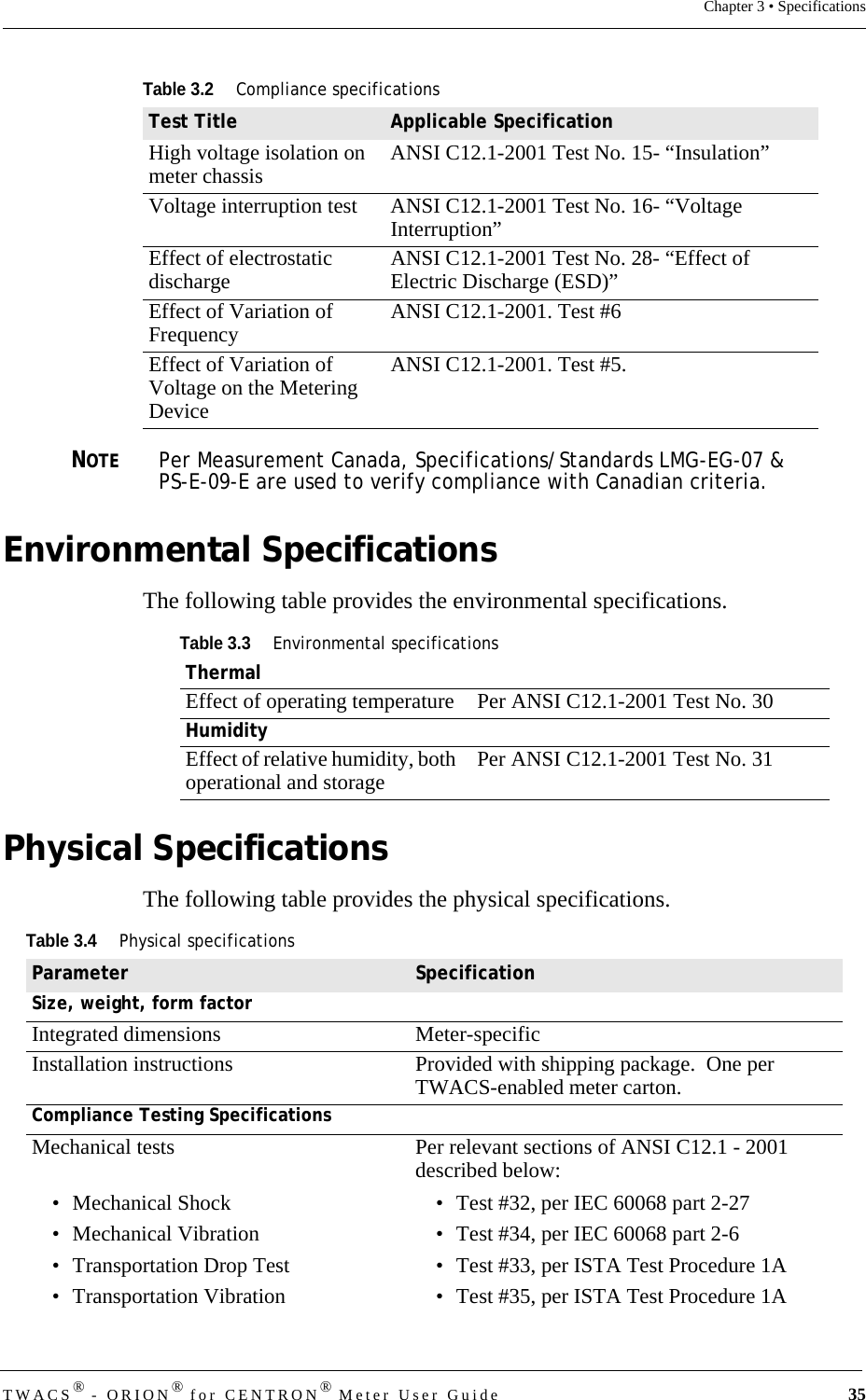 TWACS® - ORION® for CENTRON® Meter User Guide 35Chapter 3 • SpecificationsNOTEPer Measurement Canada, Specifications/Standards LMG-EG-07 &amp; PS-E-09-E are used to verify compliance with Canadian criteria. Environmental SpecificationsThe following table provides the environmental specifications.Physical SpecificationsThe following table provides the physical specifications.High voltage isolation on meter chassis ANSI C12.1-2001 Test No. 15- “Insulation”Voltage interruption test ANSI C12.1-2001 Test No. 16- “Voltage Interruption”Effect of electrostatic discharge ANSI C12.1-2001 Test No. 28- “Effect of Electric Discharge (ESD)”Effect of Variation of Frequency ANSI C12.1-2001. Test #6Effect of Variation of Voltage on the Metering DeviceANSI C12.1-2001. Test #5.Table 3.2Compliance specificationsTest Title Applicable SpecificationTable 3.3Environmental specificationsThermalEffect of operating temperature  Per ANSI C12.1-2001 Test No. 30HumidityEffect of relative humidity, both operational and storage Per ANSI C12.1-2001 Test No. 31Table 3.4Physical specificationsParameter SpecificationSize, weight, form factorIntegrated dimensions Meter-specificInstallation instructions Provided with shipping package.  One per TWACS-enabled meter carton.Compliance Testing SpecificationsMechanical tests• Mechanical Shock• Mechanical Vibration• Transportation Drop Test• Transportation VibrationPer relevant sections of ANSI C12.1 - 2001 described below:• Test #32, per IEC 60068 part 2-27• Test #34, per IEC 60068 part 2-6• Test #33, per ISTA Test Procedure 1A• Test #35, per ISTA Test Procedure 1A
