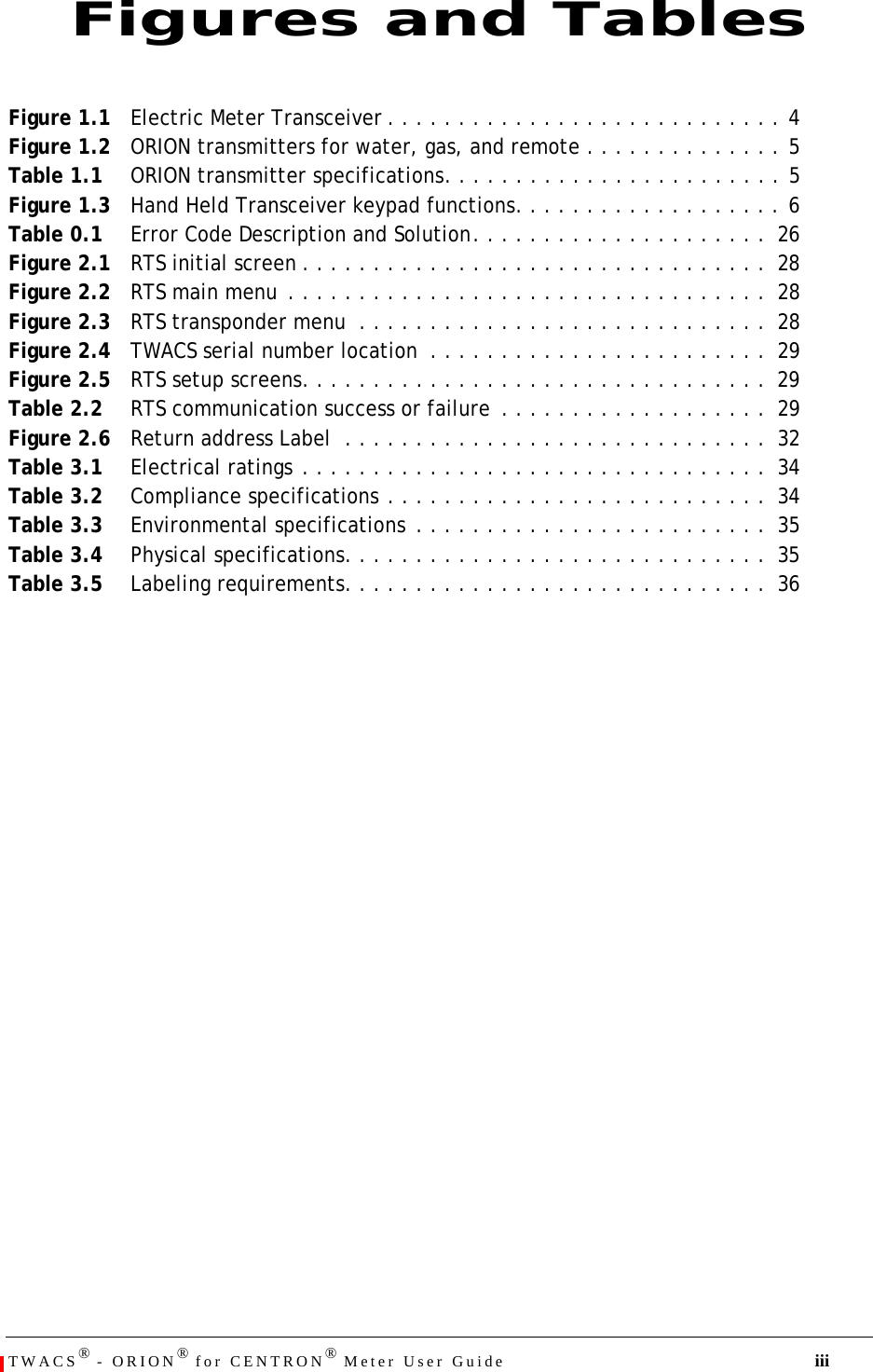 TWACS® - ORION® for CENTRON® Meter User Guide iiiFigure 1.1 Electric Meter Transceiver . . . . . . . . . . . . . . . . . . . . . . . . . . . . 4Figure 1.2 ORION transmitters for water, gas, and remote . . . . . . . . . . . . . . 5Table 1.1 ORION transmitter specifications. . . . . . . . . . . . . . . . . . . . . . . . 5Figure 1.3 Hand Held Transceiver keypad functions. . . . . . . . . . . . . . . . . . . 6Table 0.1 Error Code Description and Solution. . . . . . . . . . . . . . . . . . . . .  26Figure 2.1 RTS initial screen . . . . . . . . . . . . . . . . . . . . . . . . . . . . . . . . .  28Figure 2.2 RTS main menu  . . . . . . . . . . . . . . . . . . . . . . . . . . . . . . . . . .  28Figure 2.3 RTS transponder menu  . . . . . . . . . . . . . . . . . . . . . . . . . . . . .  28Figure 2.4 TWACS serial number location  . . . . . . . . . . . . . . . . . . . . . . . .  29Figure 2.5 RTS setup screens. . . . . . . . . . . . . . . . . . . . . . . . . . . . . . . . .  29Table 2.2 RTS communication success or failure  . . . . . . . . . . . . . . . . . . .  29Figure 2.6 Return address Label  . . . . . . . . . . . . . . . . . . . . . . . . . . . . . .  32Table 3.1 Electrical ratings . . . . . . . . . . . . . . . . . . . . . . . . . . . . . . . . .  34Table 3.2 Compliance specifications . . . . . . . . . . . . . . . . . . . . . . . . . . .  34Table 3.3 Environmental specifications  . . . . . . . . . . . . . . . . . . . . . . . . .  35Table 3.4 Physical specifications. . . . . . . . . . . . . . . . . . . . . . . . . . . . . .  35Table 3.5 Labeling requirements. . . . . . . . . . . . . . . . . . . . . . . . . . . . . .  36Figures and Tables
