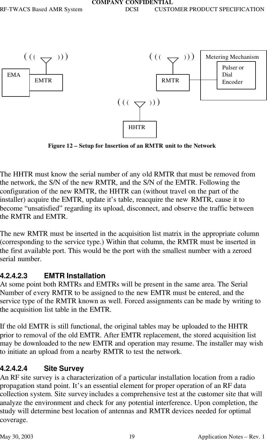 COMPANY CONFIDENTIAL RF-TWACS Based AMR System DCSI CUSTOMER PRODUCT SPECIFICATION May 30, 2003    Application Notes – Rev. 1 19      ( ( (             ) ) )                ( ( (             ) ) )                 ( ( (            ) ) )           Figure 12 – Setup for Insertion of an RMTR unit to the Network    The HHTR must know the serial number of any old RMTR that must be removed from the network, the S/N of the new RMTR, and the S/N of the EMTR. Following the configuration of the new RMTR, the HHTR can (without travel on the part of the installer) acquire the EMTR, update it’s table, reacquire the new RMTR, cause it to become “unsatisfied” regarding its upload, disconnect, and observe the traffic between the RMTR and EMTR.   The new RMTR must be inserted in the acquisition list matrix in the appropriate column (corresponding to the service type.) Within that column, the RMTR must be inserted in the first available port. This would be the port with the smallest number with a zeroed serial number.  4.2.4.2.3 EMTR Installation At some point both RMTRs and EMTRs will be present in the same area. The Serial Number of every RMTR to be assigned to the new EMTR must be entered, and the service type of the RMTR known as well. Forced assignments can be made by writing to the acquisition list table in the EMTR.  If the old EMTR is still functional, the original tables may be uploaded to the HHTR prior to removal of the old EMTR. After EMTR replacement, the stored acquisition list may be downloaded to the new EMTR and operation may resume. The installer may wish to initiate an upload from a nearby RMTR to test the network.  4.2.4.2.4 Site Survey An RF site survey is a characterization of a particular installation location from a radio propagation stand point. It’s an essential element for proper operation of an RF data collection system. Site survey includes a comprehensive test at the customer site that will analyze the environment and check for any potential interference. Upon completion, the study will determine best location of antennas and RMTR devices needed for optimal coverage. EMTR RMTR Metering Mechanism Pulser or Dial Encoder HHTR EMA 