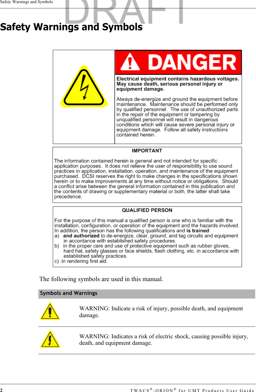 2TWACS®-ORION® for UMT Products User GuideSafety Warnings and SymbolsSafety Warnings and SymbolsThe following symbols are used in this manual.Symbols and WarningsWARNING: Indicate a risk of injury, possible death, and equipment damage.WARNING: Indicates a risk of electric shock, causing possible injury, death, and equipment damage.DRAFT