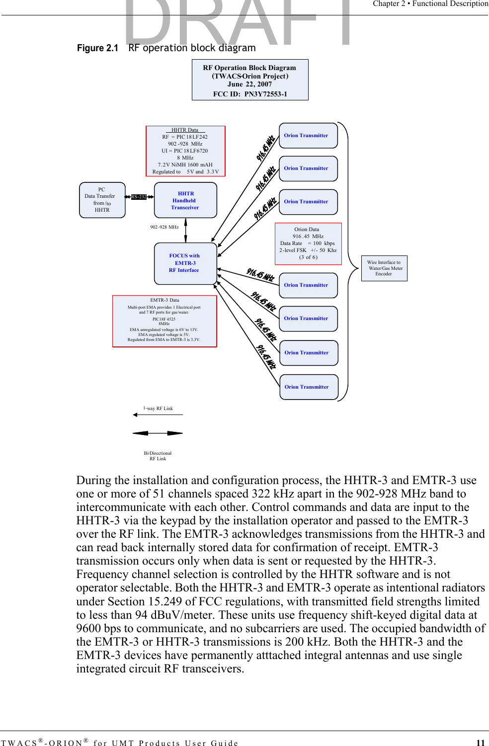 TWACS®-ORION® for UMT Products User Guide 11Chapter 2 • Functional DescriptionFigure 2.1  RF operation block diagramDuring the installation and configuration process, the HHTR-3 and EMTR-3 use one or more of 51 channels spaced 322 kHz apart in the 902-928 MHz band to intercommunicate with each other. Control commands and data are input to the HHTR-3 via the keypad by the installation operator and passed to the EMTR-3 over the RF link. The EMTR-3 acknowledges transmissions from the HHTR-3 and can read back internally stored data for confirmation of receipt. EMTR-3 transmission occurs only when data is sent or requested by the HHTR-3. Frequency channel selection is controlled by the HHTR software and is not operator selectable. Both the HHTR-3 and EMTR-3 operate as intentional radiators under Section 15.249 of FCC regulations, with transmitted field strengths limited to less than 94 dBuV/meter. These units use frequency shift-keyed digital data at 9600 bps to communicate, and no subcarriers are used. The occupied bandwidth of the EMTR-3 or HHTR-3 transmissions is 200 kHz. Both the HHTR-3 and the EMTR-3 devices have permanently atttached integral antennas and use single integrated circuit RF transceivers. HHTR DataRF = PIC 18 LF242902 - 928  MHzUI = PIC 18 LF 67208  MHz7. 2V NiMH 1600 mAHRegulated to  5V and 3.3VEMTR-3 DataOrion Data916 .45  MHzData Rate  =  100  kbps2-level FSK  +/ - 50  Khz(3 of 6)Orion TransmitterOrion TransmitterHHTRHandheldTransceiver  PCData Transfer from / toHHTR           FOCUS with EMTR-3RF InterfaceOrion TransmitterOrion TransmitterRF Operation Block Diagram(TWACS-Orion Project)June  22, 2007Wire Interface to  Water/Gas Meter Encoder       1- way RF Link 902- 928 MHz Bi- Directional RF LinkRS- 232Multi-port EMA provides 1 Electrical port and 7 RF ports for gas/water.EMA unregulated voltage is 6V to 13V. EMA regulated voltage is 5V. Regulated from EMA to EMTR-3 is 3.3V.PIC18F 4525 8MHz FCC ID:  PN3Y72553-1Orion TransmitterOrion TransmitterOrion TransmitterDRAFT