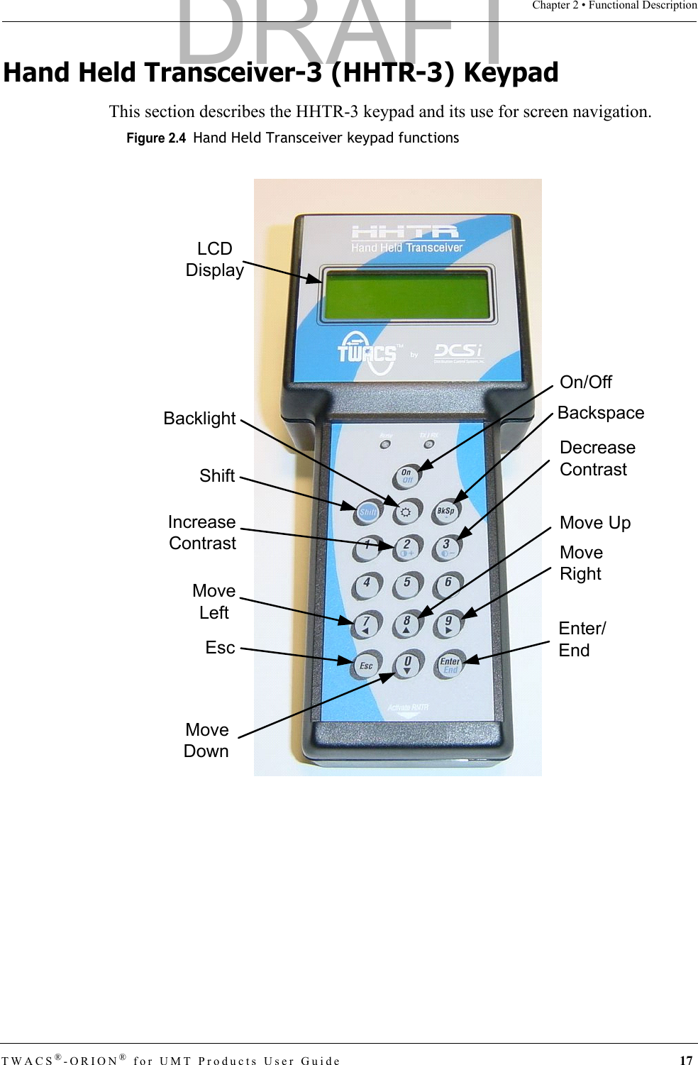 TWACS®-ORION® for UMT Products User Guide 17Chapter 2 • Functional DescriptionHand Held Transceiver-3 (HHTR-3) KeypadThis section describes the HHTR-3 keypad and its use for screen navigation.Figure 2.4  Hand Held Transceiver keypad functionsLCDDisplayOn/OffEnter/EndMove UpMoveRightDecreaseContrastBackspaceEscShiftIncreaseContrastMoveDownMoveLeftBacklightDRAFT