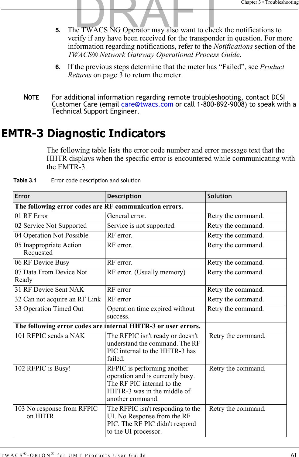 TWACS®-ORION® for UMT Products User Guide  61Chapter 3 • Troubleshooting5.   The TWACS NG Operator may also want to check the notifications to verify if any have been received for the transponder in question. For more information regarding notifications, refer to the Notifications section of the TWACS® Network Gateway Operational Process Guide.6.   If the previous steps determine that the meter has “Failed”, see Product Returns on page 3 to return the meter.NOTEFor additional information regarding remote troubleshooting, contact DCSI Customer Care (email care@twacs.com or call 1-800-892-9008) to speak with a Technical Support Engineer.EMTR-3 Diagnostic IndicatorsThe following table lists the error code number and error message text that the HHTR displays when the specific error is encountered while communicating with the EMTR-3. Table 3.1Error code description and solutionError Description SolutionThe following error codes are RF communication errors.01 RF Error General error. Retry the command.02 Service Not Supported Service is not supported. Retry the command.04 Operation Not Possible RF error. Retry the command.05 Inappropriate Action RequestedRF error. Retry the command.06 RF Device Busy RF error. Retry the command.07 Data From Device Not ReadyRF error. (Usually memory) Retry the command.31 RF Device Sent NAK RF error Retry the command.32 Can not acquire an RF Link RF error Retry the command.33 Operation Timed Out Operation time expired without success.Retry the command.The following error codes are internal HHTR-3 or user errors.101 RFPIC sends a NAK The RFPIC isn&apos;t ready or doesn&apos;t understand the command. The RF PIC internal to the HHTR-3 has failed.  Retry the command.102 RFPIC is Busy! RFPIC is performing another operation and is currently busy. The RF PIC internal to the HHTR-3 was in the middle of another command.  Retry the command.103 No response from RFPIC on HHTRThe RFPIC isn&apos;t responding to the UI. No Response from the RF PIC. The RF PIC didn&apos;t respond to the UI processor.  Retry the command.DRAFT