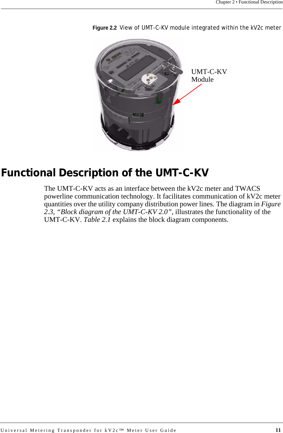 Universal Metering Transponder for kV2c™ Meter User Guide  11Chapter 2 • Functional DescriptionFigure 2.2  View of UMT-C-KV module integrated within the kV2c meterFunctional Description of the UMT-C-KVThe UMT-C-KV acts as an interface between the kV2c meter and TWACS powerline communication technology. It facilitates communication of kV2c meter quantities over the utility company distribution power lines. The diagram in Figure 2.3, “Block diagram of the UMT-C-KV 2.0”, illustrates the functionality of the UMT-C-KV. Table 2.1 explains the block diagram components.UMT-C-KVModule