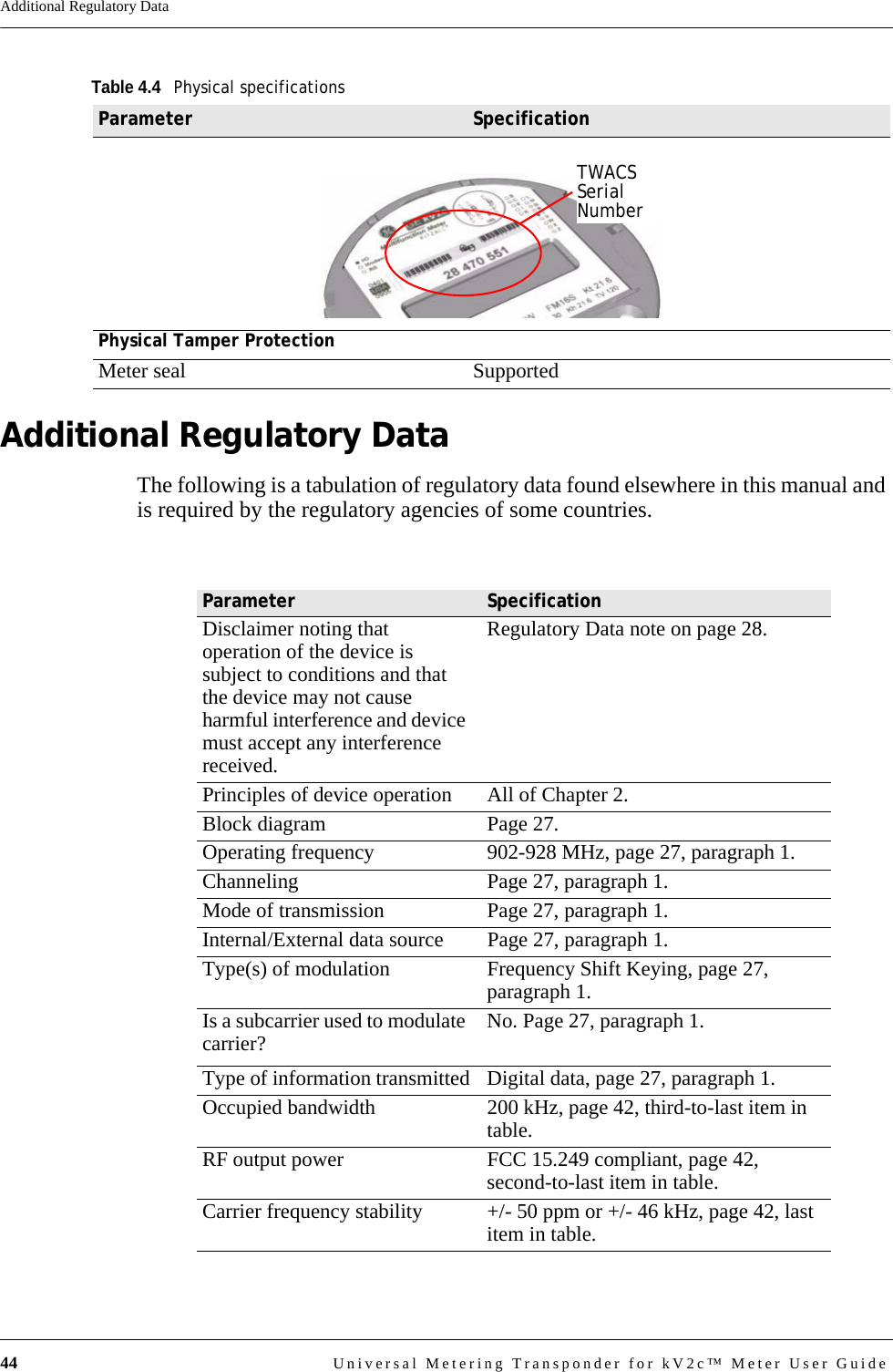 44 Universal Metering Transponder for kV2c™ Meter User GuideAdditional Regulatory DataAdditional Regulatory DataThe following is a tabulation of regulatory data found elsewhere in this manual and is required by the regulatory agencies of some countries.Physical Tamper ProtectionMeter seal SupportedTable 4.4Physical specificationsParameter SpecificationTWACSSerialNumberParameter  SpecificationDisclaimer noting that operation of the device is subject to conditions and that the device may not cause harmful interference and device must accept any interference received.Regulatory Data note on page 28.Principles of device operation  All of Chapter 2.Block diagram Page 27.Operating frequency 902-928 MHz, page 27, paragraph 1.Channeling Page 27, paragraph 1.Mode of transmission Page 27, paragraph 1.Internal/External data source Page 27, paragraph 1.Type(s) of modulation Frequency Shift Keying, page 27, paragraph 1.Is a subcarrier used to modulate carrier? No. Page 27, paragraph 1.Type of information transmitted Digital data, page 27, paragraph 1.Occupied bandwidth 200 kHz, page 42, third-to-last item in table.RF output power FCC 15.249 compliant, page 42, second-to-last item in table.Carrier frequency stability +/- 50 ppm or +/- 46 kHz, page 42, last item in table.
