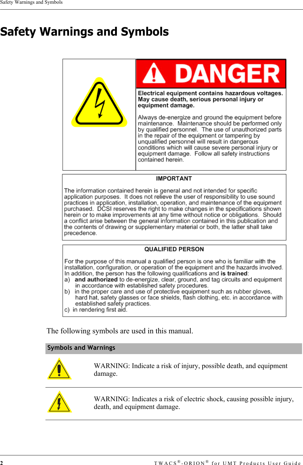 2TWACS®-ORION® for UMT Products User GuideSafety Warnings and SymbolsSafety Warnings and SymbolsThe following symbols are used in this manual.Symbols and WarningsWARNING: Indicate a risk of injury, possible death, and equipment damage.WARNING: Indicates a risk of electric shock, causing possible injury, death, and equipment damage.