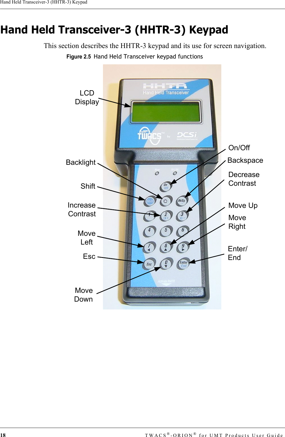 18 TWACS®-ORION® for UMT Products User GuideHand Held Transceiver-3 (HHTR-3) KeypadHand Held Transceiver-3 (HHTR-3) KeypadThis section describes the HHTR-3 keypad and its use for screen navigation.Figure 2.5  Hand Held Transceiver keypad functions LCDDisplayOn/OffEnter/EndMove UpMoveRightDecreaseContrastBackspaceEscShiftIncreaseContrastMoveDownMoveLeftBacklight