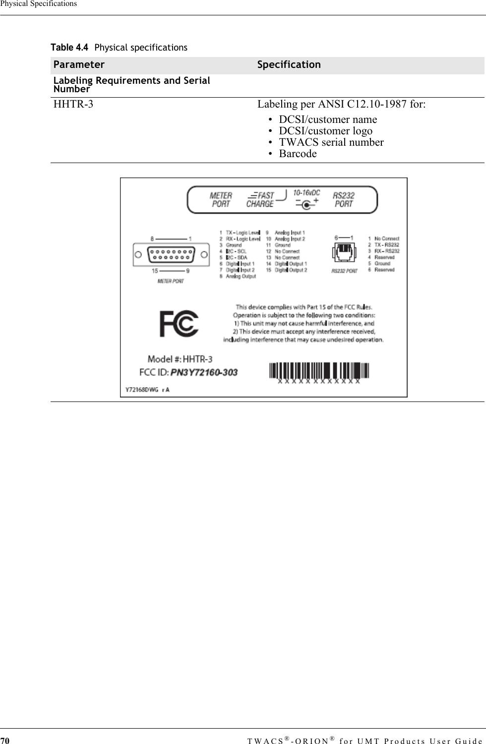 70 TWACS®-ORION® for UMT Products User GuidePhysical SpecificationsLabeling Requirements and Serial NumberHHTR-3 Labeling per ANSI C12.10-1987 for:• DCSI/customer name• DCSI/customer logo • TWACS serial number• BarcodeTable 4.4Physical specificationsParameter Specification