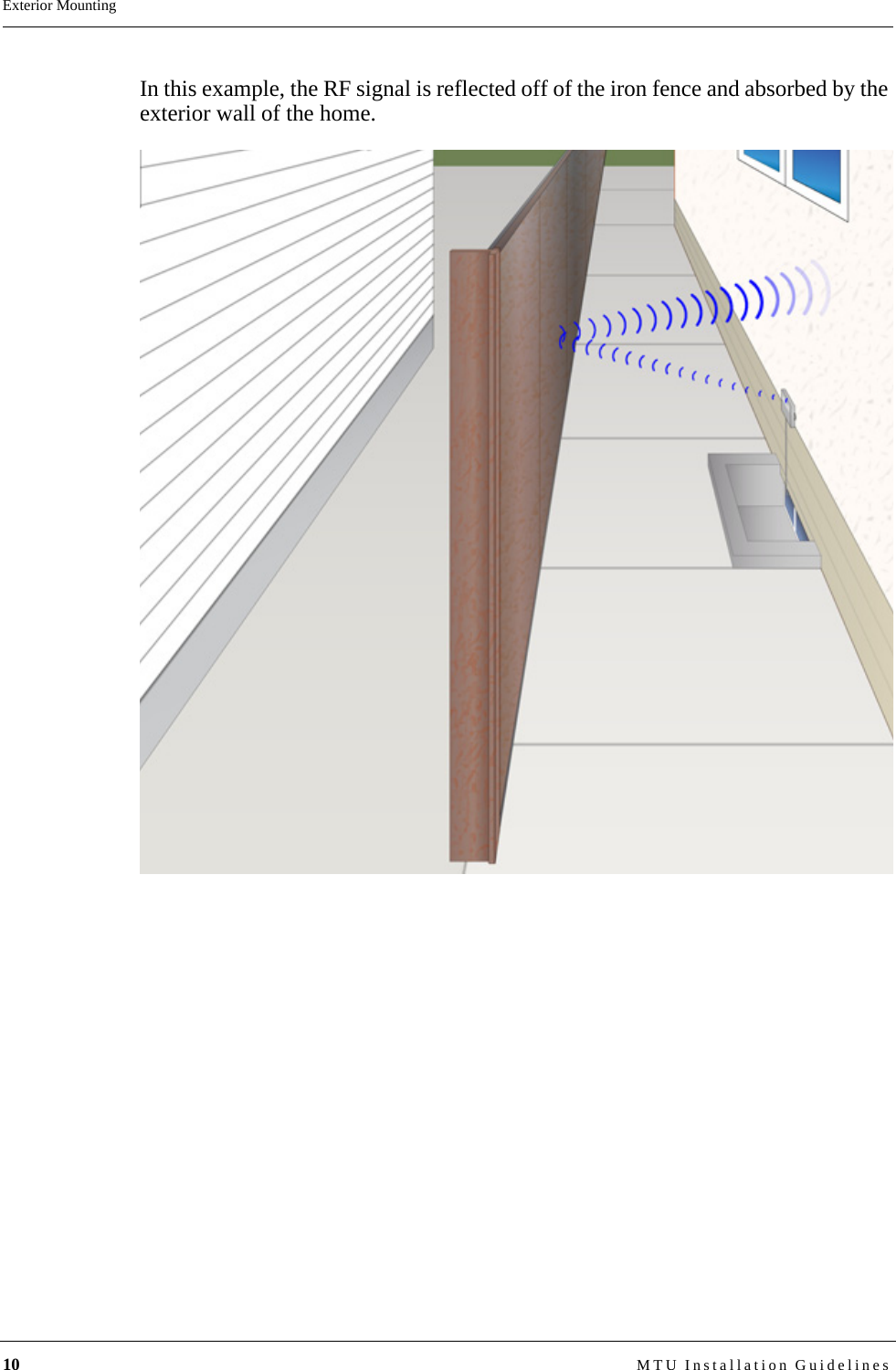 10 MTU Installation GuidelinesExterior MountingIn this example, the RF signal is reflected off of the iron fence and absorbed by the exterior wall of the home.