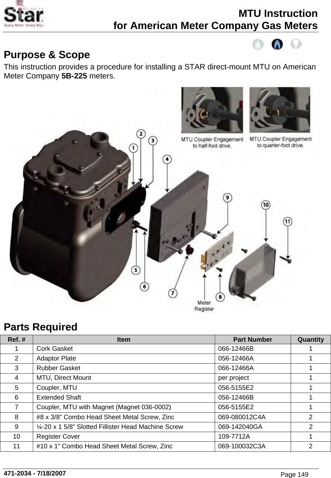 MTU Instruction for American Meter Company Gas Meters Purpose &amp; Scope This instruction provides a procedure for installing a STAR direct-mount MTU on American Meter Company 5B-225 meters.  Parts Required Ref. #  Item  Part Number  Quantity 1 Cork Gasket  066-12466B  1 2 Adaptor Plate  056-12466A  1 3 Rubber Gasket  066-12466A  1 4  MTU, Direct Mount  per project  1 5 Coupler, MTU  056-5155E2  1 6 Extended Shaft  056-12466B  1 7  Coupler, MTU with Magnet (Magnet 036-0002)  056-5155E2  1 8  #8 x 3/8” Combo Head Sheet Metal Screw, Zinc  069-080012C4A  2 9  ¼-20 x 1 5/8” Slotted Fillister Head Machine Screw  069-142040GA  2 10 Register Cover  109-7712A  1 11  #10 x 1” Combo Head Sheet Metal Screw, Zinc  069-100032C3A  2 471-2034 - 7/18/2007 Page 149