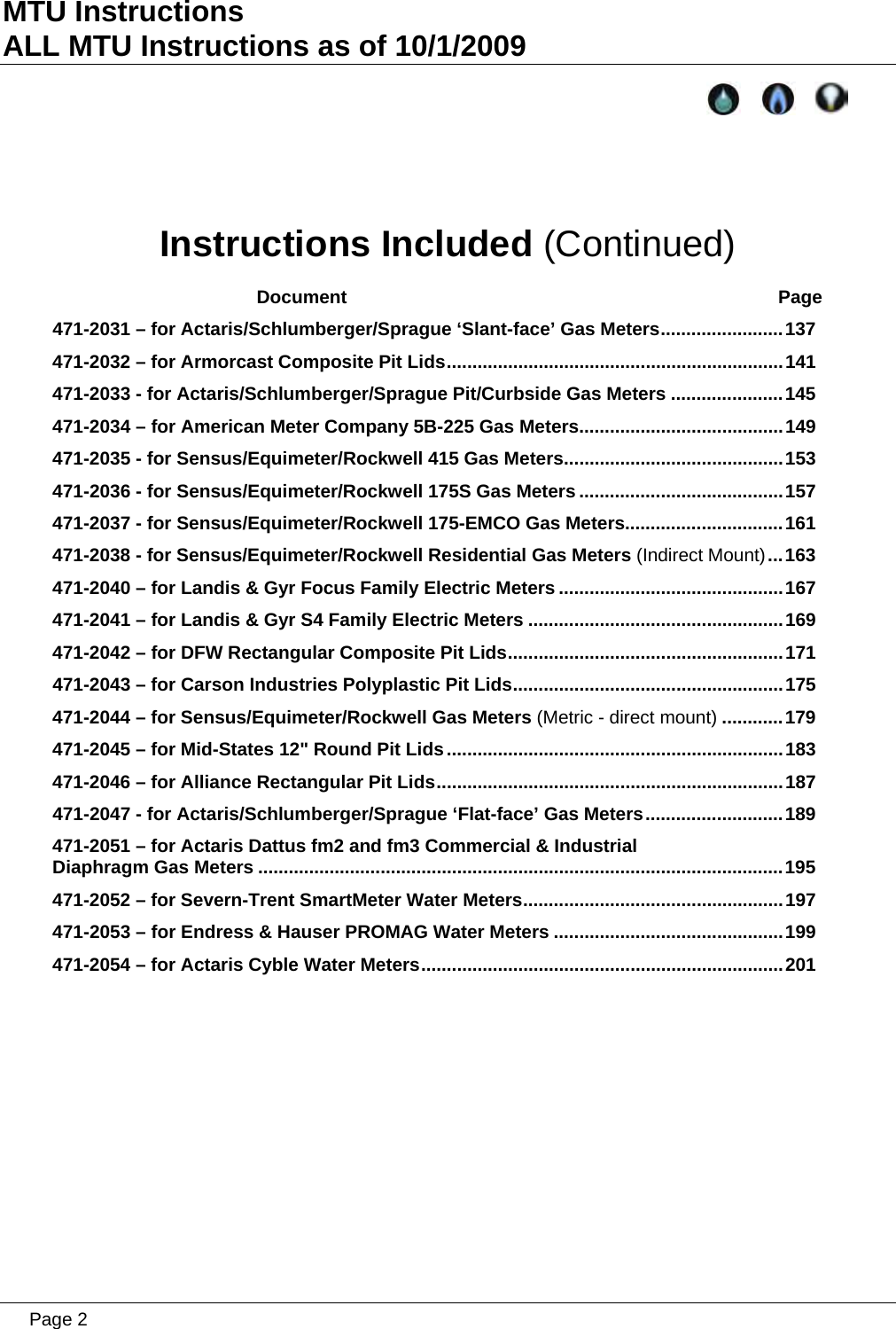 MTU Instructions ALL MTU Instructions as of 10/1/2009   Instructions Included (Continued)  Document  Page 471-2031 – for Actaris/Schlumberger/Sprague ‘Slant-face’ Gas Meters........................137 471-2032 – for Armorcast Composite Pit Lids..................................................................141 471-2033 - for Actaris/Schlumberger/Sprague Pit/Curbside Gas Meters ......................145 471-2034 – for American Meter Company 5B-225 Gas Meters........................................149 471-2035 - for Sensus/Equimeter/Rockwell 415 Gas Meters...........................................153 471-2036 - for Sensus/Equimeter/Rockwell 175S Gas Meters ........................................157 471-2037 - for Sensus/Equimeter/Rockwell 175-EMCO Gas Meters...............................161 471-2038 - for Sensus/Equimeter/Rockwell Residential Gas Meters (Indirect Mount)...163 471-2040 – for Landis &amp; Gyr Focus Family Electric Meters ............................................167 471-2041 – for Landis &amp; Gyr S4 Family Electric Meters ..................................................169 471-2042 – for DFW Rectangular Composite Pit Lids......................................................171 471-2043 – for Carson Industries Polyplastic Pit Lids.....................................................175 471-2044 – for Sensus/Equimeter/Rockwell Gas Meters (Metric - direct mount) ............179 471-2045 – for Mid-States 12&quot; Round Pit Lids..................................................................183 471-2046 – for Alliance Rectangular Pit Lids....................................................................187 471-2047 - for Actaris/Schlumberger/Sprague ‘Flat-face’ Gas Meters...........................189 471-2051 – for Actaris Dattus fm2 and fm3 Commercial &amp; Industrial  Diaphragm Gas Meters .......................................................................................................195 471-2052 – for Severn-Trent SmartMeter Water Meters...................................................197 471-2053 – for Endress &amp; Hauser PROMAG Water Meters .............................................199 471-2054 – for Actaris Cyble Water Meters.......................................................................201   Page 2