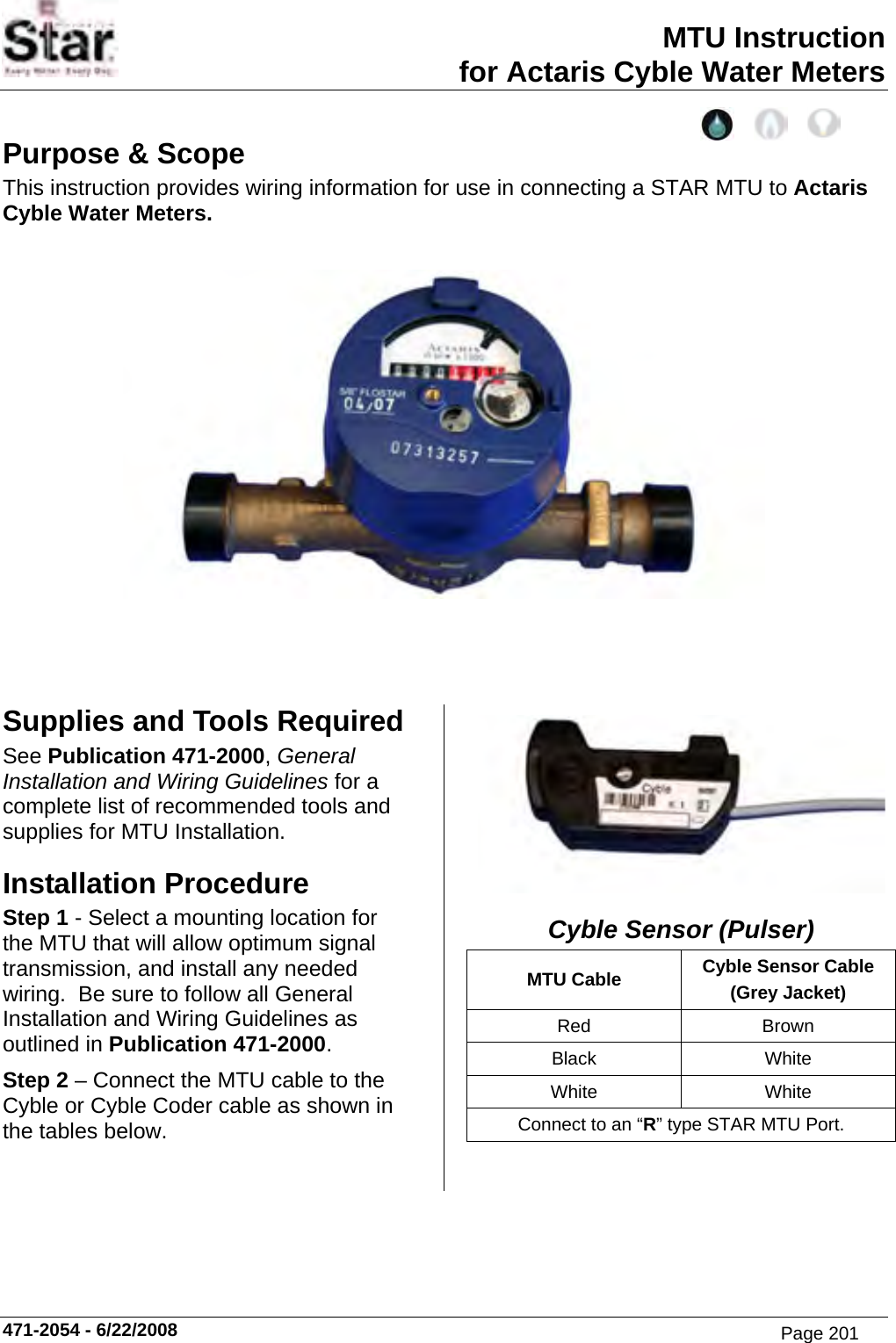 MTU Instruction for Actaris Cyble Water Meters Purpose &amp; Scope This instruction provides wiring information for use in connecting a STAR MTU to Actaris Cyble Water Meters.           Supplies and Tools Required See Publication 471-2000, General Installation and Wiring Guidelines for a complete list of recommended tools and supplies for MTU Installation. Installation Procedure Step 1 - Select a mounting location for the MTU that will allow optimum signal transmission, and install any needed wiring.  Be sure to follow all General Installation and Wiring Guidelines as outlined in Publication 471-2000. Step 2 – Connect the MTU cable to the Cyble or Cyble Coder cable as shown in the tables below.    Cyble Sensor (Pulser) MTU Cable  Cyble Sensor Cable (Grey Jacket) Red Brown Black White White White Connect to an “R” type STAR MTU Port. 471-2054 - 6/22/2008 Page 201