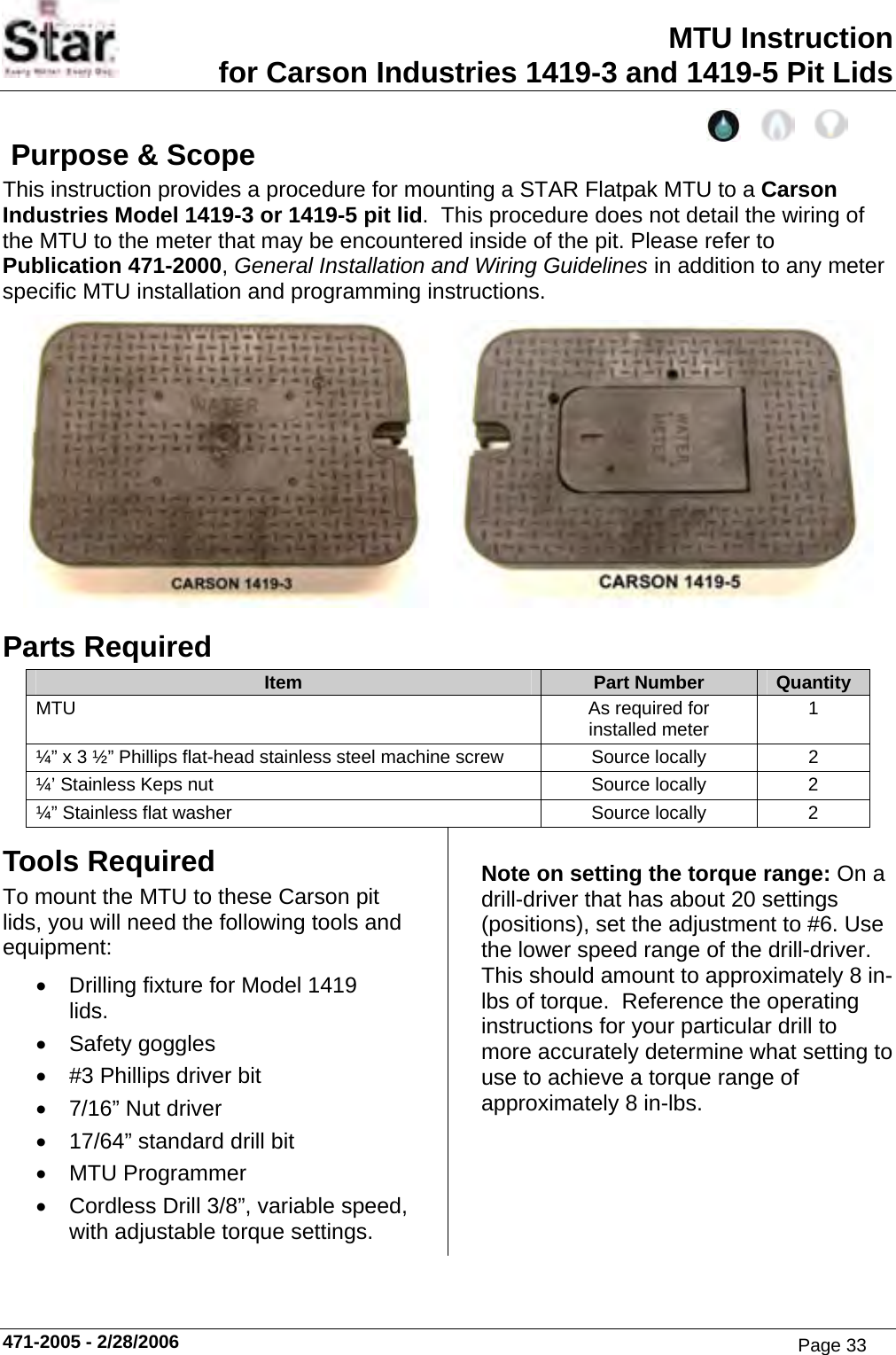 MTU Instruction for Carson Industries 1419-3 and 1419-5 Pit Lids  Purpose &amp; Scope This instruction provides a procedure for mounting a STAR Flatpak MTU to a Carson Industries Model 1419-3 or 1419-5 pit lid.  This procedure does not detail the wiring of the MTU to the meter that may be encountered inside of the pit. Please refer to Publication 471-2000, General Installation and Wiring Guidelines in addition to any meter specific MTU installation and programming instructions.       Parts Required Item  Part Number  Quantity MTU  As required for installed meter  1 ¼” x 3 ½” Phillips flat-head stainless steel machine screw  Source locally  2 ¼’ Stainless Keps nut  Source locally  2 ¼” Stainless flat washer  Source locally  2 Tools Required To mount the MTU to these Carson pit lids, you will need the following tools and equipment: •  Drilling fixture for Model 1419 lids. • Safety goggles •  #3 Phillips driver bit •  7/16” Nut driver •  17/64” standard drill bit • MTU Programmer •  Cordless Drill 3/8”, variable speed, with adjustable torque settings. Note on setting the torque range: On a drill-driver that has about 20 settings (positions), set the adjustment to #6. Use the lower speed range of the drill-driver. This should amount to approximately 8 in-lbs of torque.  Reference the operating instructions for your particular drill to more accurately determine what setting to use to achieve a torque range of approximately 8 in-lbs. 471-2005 - 2/28/2006 Page 33