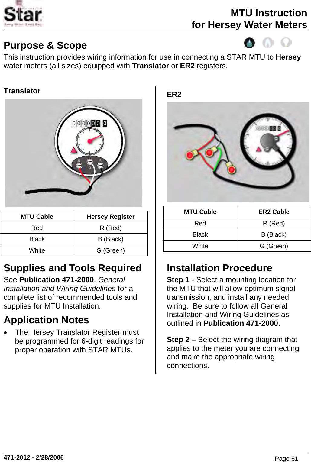 MTU Instruction for Hersey Water Meters Purpose &amp; Scope This instruction provides wiring information for use in connecting a STAR MTU to Hersey water meters (all sizes) equipped with Translator or ER2 registers.  Translator  MTU Cable  Hersey Register Red R (Red) Black B (Black) White G (Green) ER2  MTU Cable  ER2 Cable Red R (Red) Black B (Black) White G (Green) Supplies and Tools Required See Publication 471-2000, General Installation and Wiring Guidelines for a complete list of recommended tools and supplies for MTU Installation. Application Notes •  The Hersey Translator Register must be programmed for 6-digit readings for proper operation with STAR MTUs.   Installation Procedure Step 1 - Select a mounting location for the MTU that will allow optimum signal transmission, and install any needed wiring.  Be sure to follow all General Installation and Wiring Guidelines as outlined in Publication 471-2000. Step 2 – Select the wiring diagram that applies to the meter you are connecting and make the appropriate wiring connections. 471-2012 - 2/28/2006 Page 61