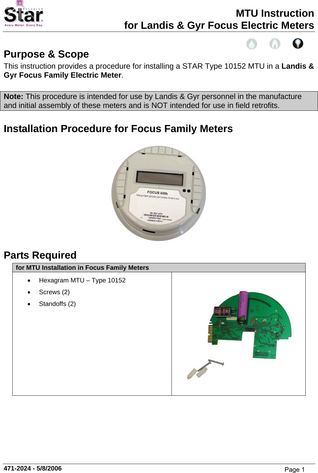 MTU Instruction for Landis &amp; Gyr Focus Electric Meters Purpose &amp; Scope This instruction provides a procedure for installing a STAR Type 10152 MTU in a Landis &amp; Gyr Focus Family Electric Meter.  Note: This procedure is intended for use by Landis &amp; Gyr personnel in the manufacture and initial assembly of these meters and is NOT intended for use in field retrofits. Installation Procedure for Focus Family Meters  Parts Required for MTU Installation in Focus Family Meters •  Hexagram MTU – Type 10152 • Screws (2) • Standoffs (2)   471-2024 - 5/8/2006 Page 1
